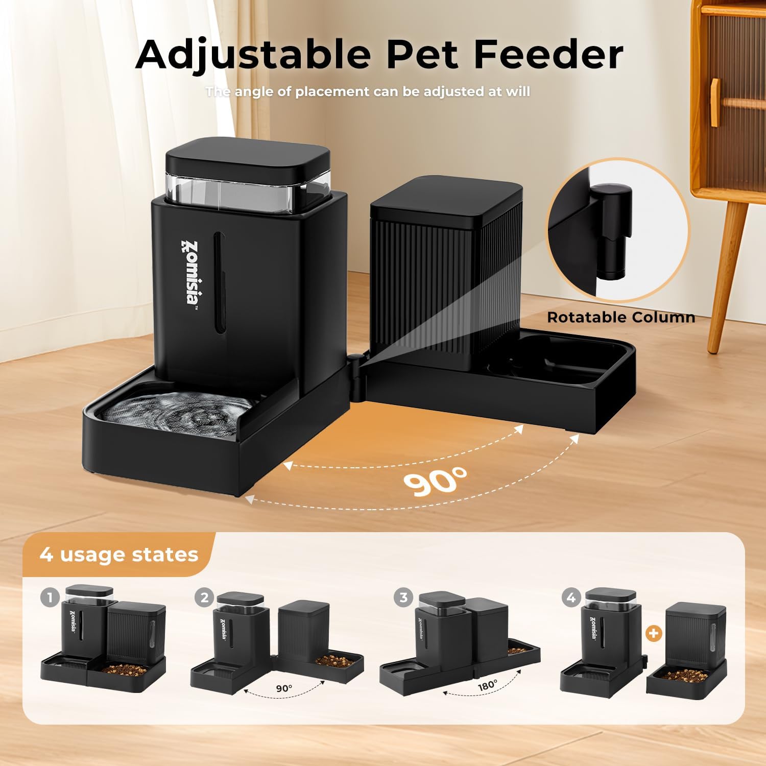 ZOMISIA Automatic Cat Feeder and Water Dispenser Set, 2 in 1 Gravity Cat Food Dispenser with 180 Degree Rotatable, Pet Self Feeding Large Capacity for Small Dogs Puppy Kitten, Black, 0.8 Gallon x 2 - Image 3