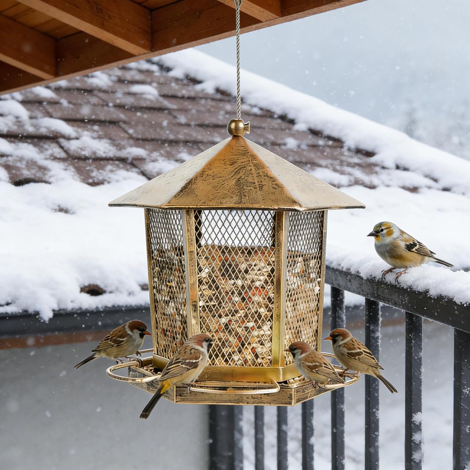 Hexagonal Gazebo Bird Feeders, Weatherproof Wild Bird Feeder for Outdoor | Unique Pavilion Style Metal Bird Feeder for Outside Hanging Garden Patio Backyard Lawn Decor - Image 7