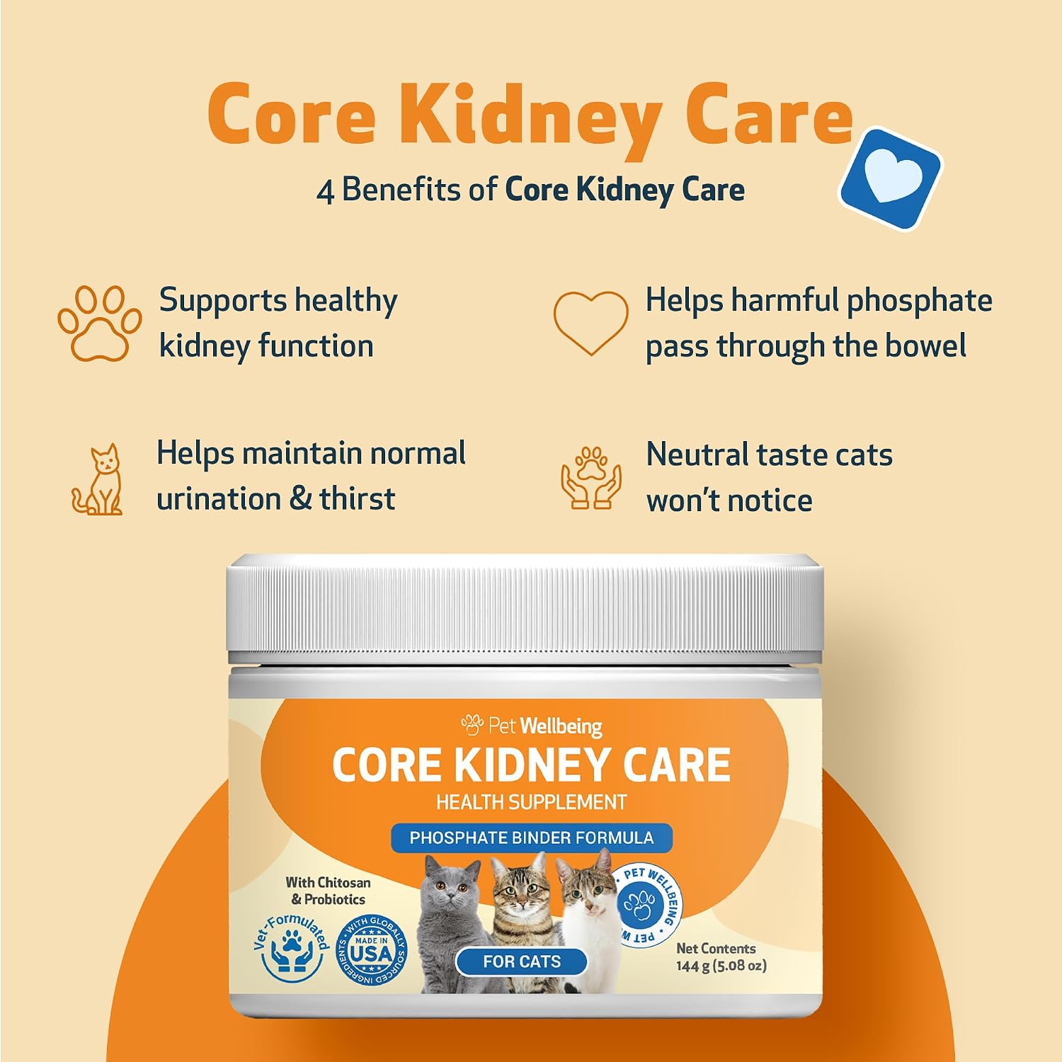 Pet Wellbeing Core Kidney Care for Cats - Daily Phosphate Binder, Supports Healthy Kidney Function with FOS, Chitosan, Probiotics - Veterinarian-Formulated 5.08 oz (144 g) Powder - Image 3