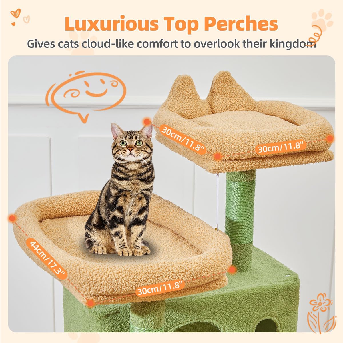 Taoqimiao Cactus Cat Tree, 58In Cat Tower for Indoor Cats Large Adult | Spacious Cat Condo, 2 Cute Perches, Metal Frame Cozy Hammock, Durable Scratch Board, 8 Natural Sisal Posts, Basket, MSC026 - Image 7