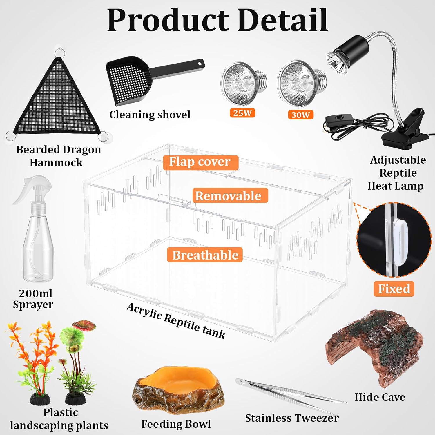 Kathfly 13 Pcs Mini Reptile Terrarium Starter Kits, 12x8x6'' Insect Amphibians Reptile Tank Insect Habitat Cage Acrylic Tank Hidden Shell Heat Lamp Hammock and Other Accessories for Fish Turtle Spider - Image 3