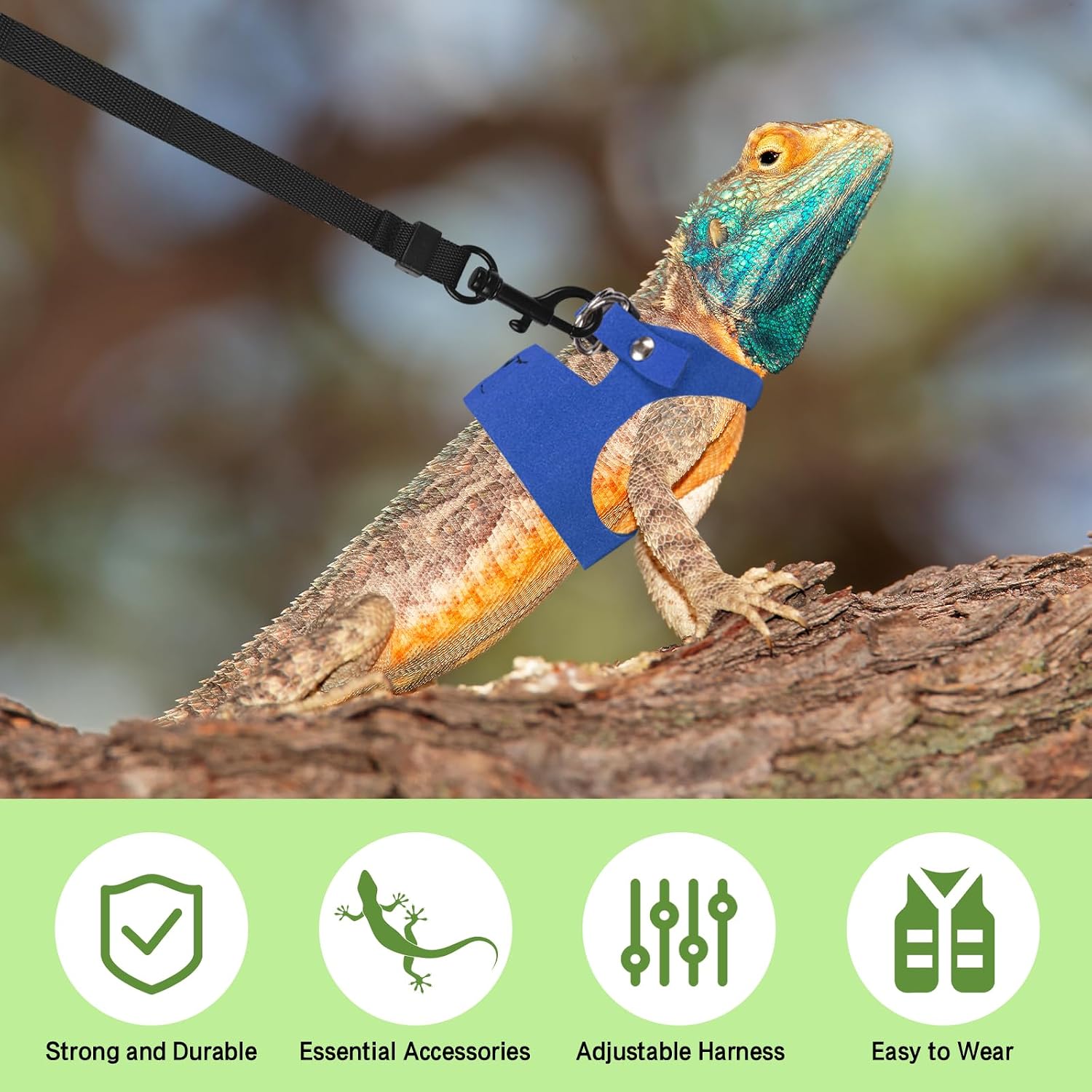 Bearded Dragon Harness Leash Set 3 Size Adjustable Lizards Training Walking Leather Vest Escape-Proof Traction Rope for Outdoor Small Reptiles Animal Squirrels (Blue) - Image 4