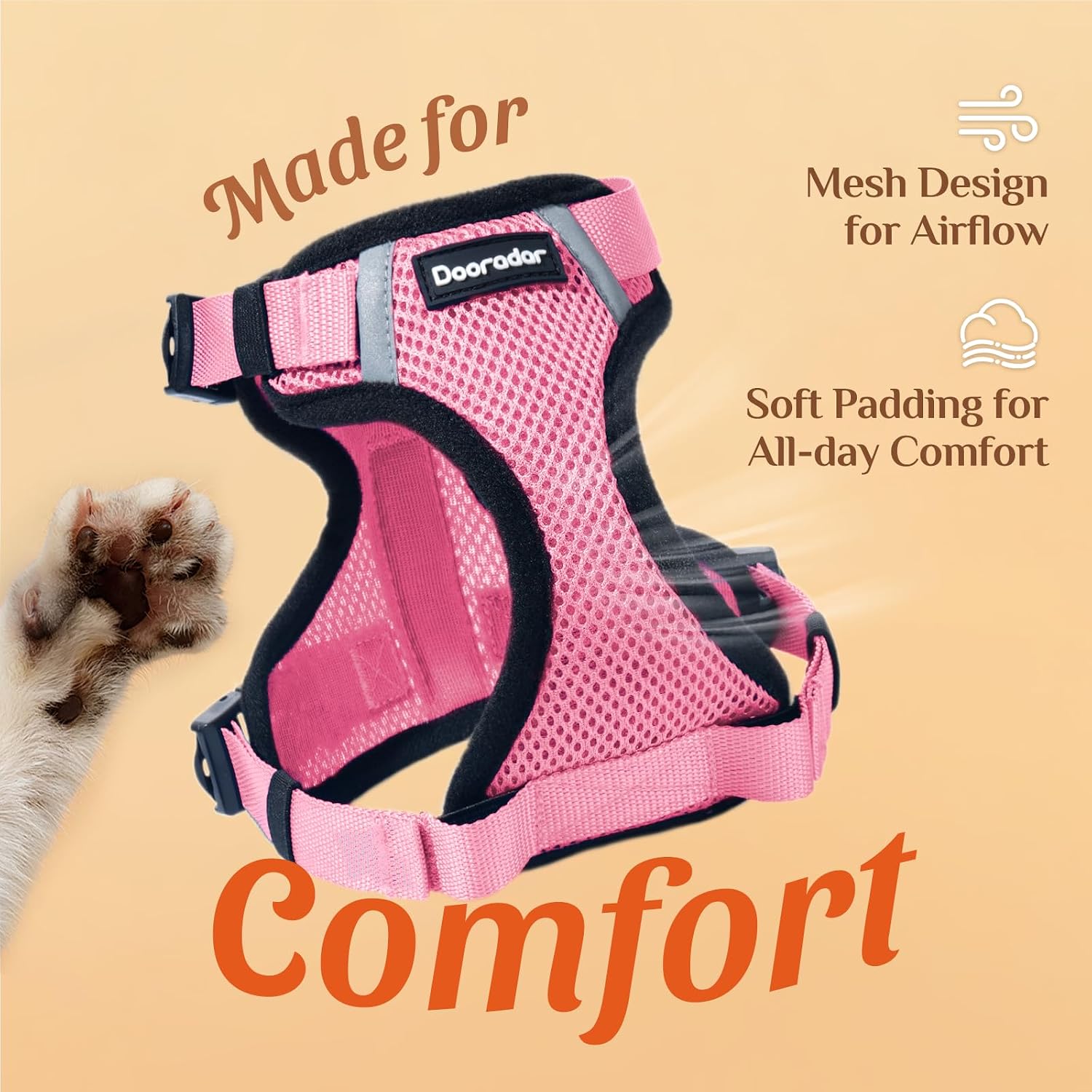 Dooradar Cat Harness and Leash Set with Neck Release Buckle, Pink | Escape Proof, 3 Easy-on Buckles, Smooth & Lockable Adjustment, Soft Air Mesh, Reflective, for Small to Average Cat Walks, S - Image 9