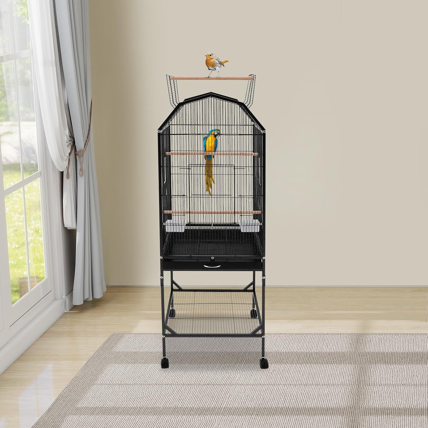 Birdcage Open Top 54 Inch Birdcages with Pull-Out Tray, Rolling Bird Cages with Wheels for Parakeets, Parrot, Cockatiel, Pigeon, Finch Cage(Black) - Image 6