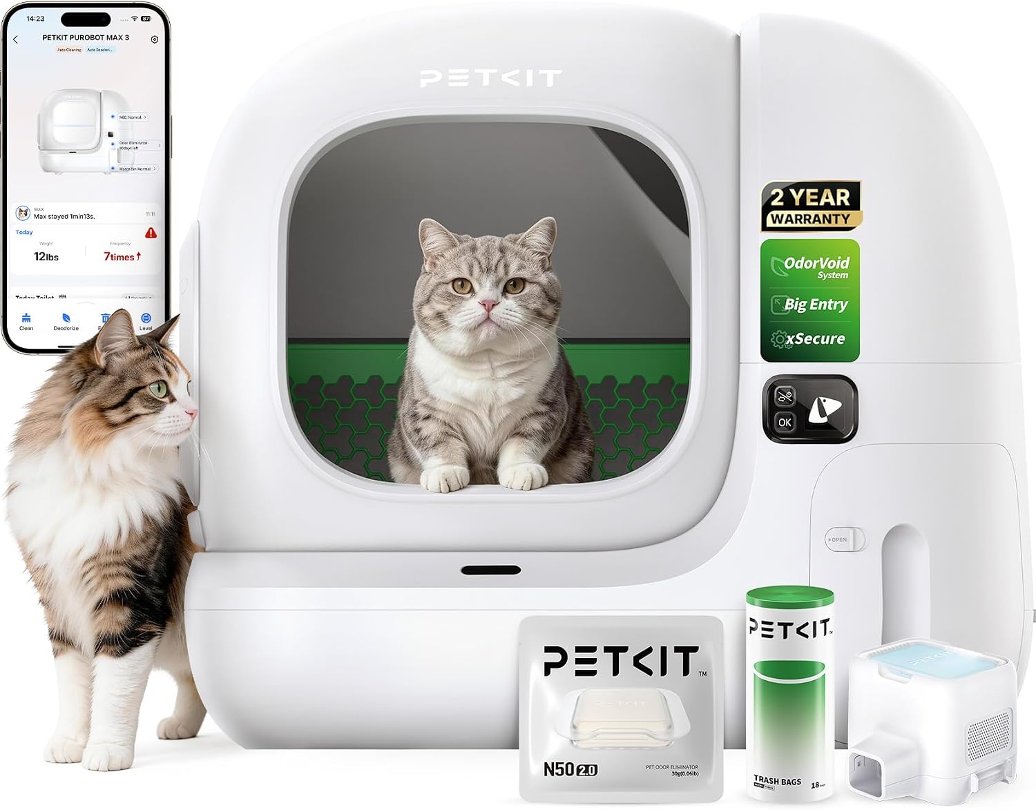 PETKIT Purobot Max 3 Automatic Litter Box Odor Control | Self-Cleaning Cat Litter Box App Control Anti-Leak Large Opening & Low Entrance Safety Sensors, with 1 Roll Trash Bag