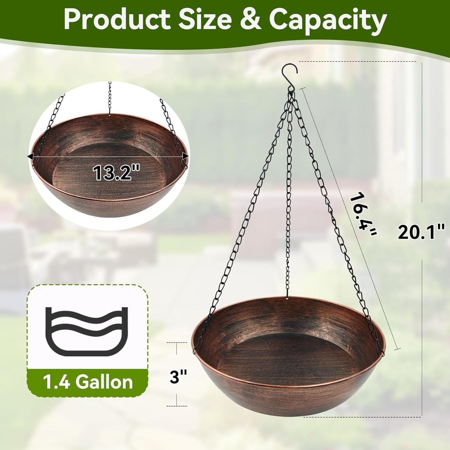 13" Metal Hanging Bird Bath with Chains and Hook | 3" Deep Bowl, 1.4Gal Capacity, 3 Chain Support, Easy Cleaning, Rust Resistant, Birdbath or Bird Feeder Garden Decor - Image 3