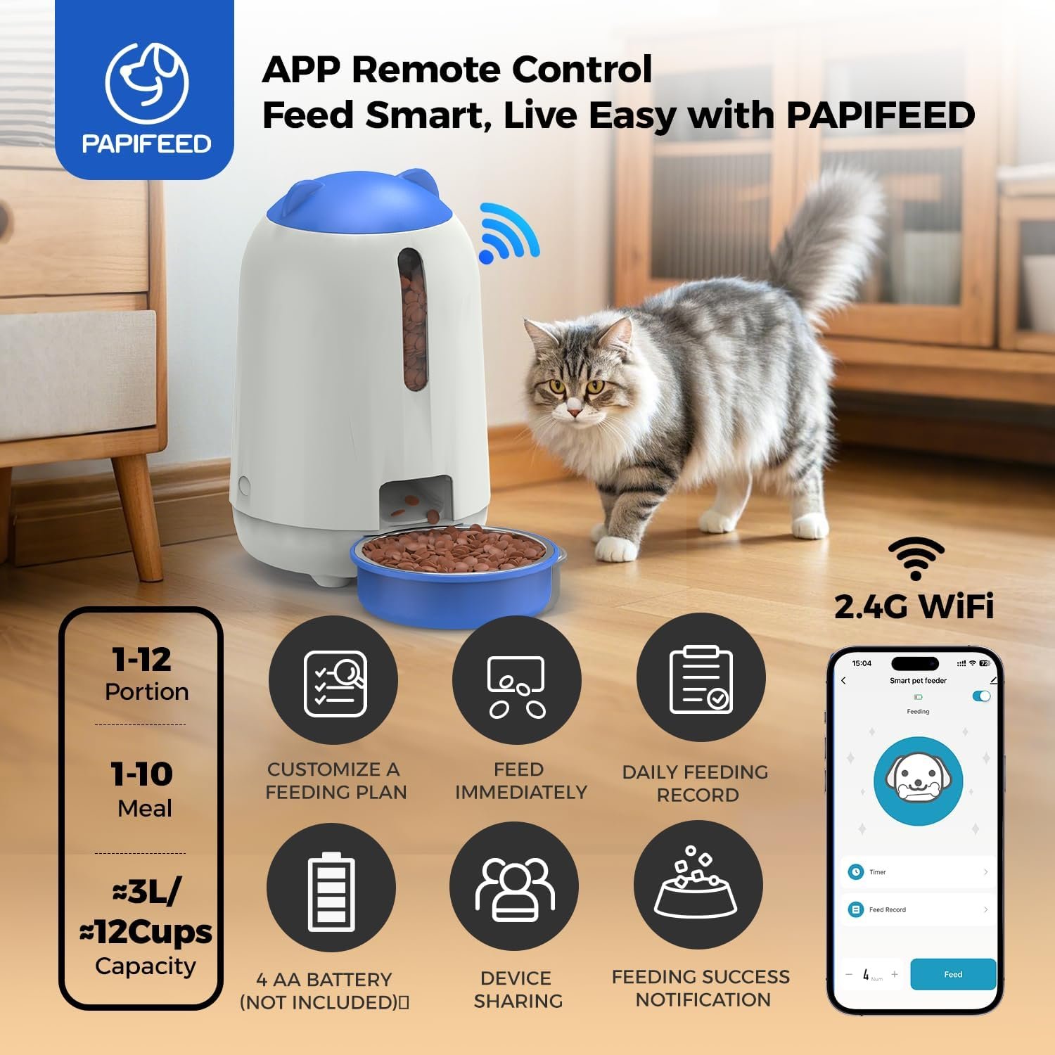 PAPIFEED 2-in-1 Automatic Cat Feeder and Pet Camera Combo, 1080P HD & 360°Pan-Tilt, 3L Cat Food Dispenser with App, 2.4G WiFi Timed Cat Feeder for Dry Food, Automatic Cat Feeder with Camera - Image 3