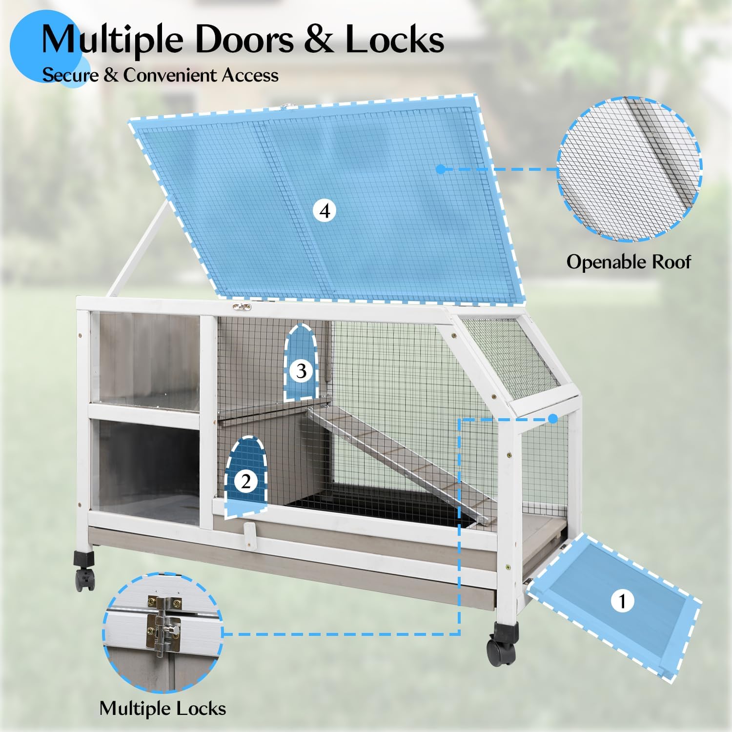 36''L Rabbit Hutch Outdoor with Casters and Run, Wooden Indoor 2 Story Guinea Pig Cage with Divider Panel, Pull Out Tray, Rabbit Duck Bunny House for Small to Medium Animals and Pet Lover, Gray - Image 7