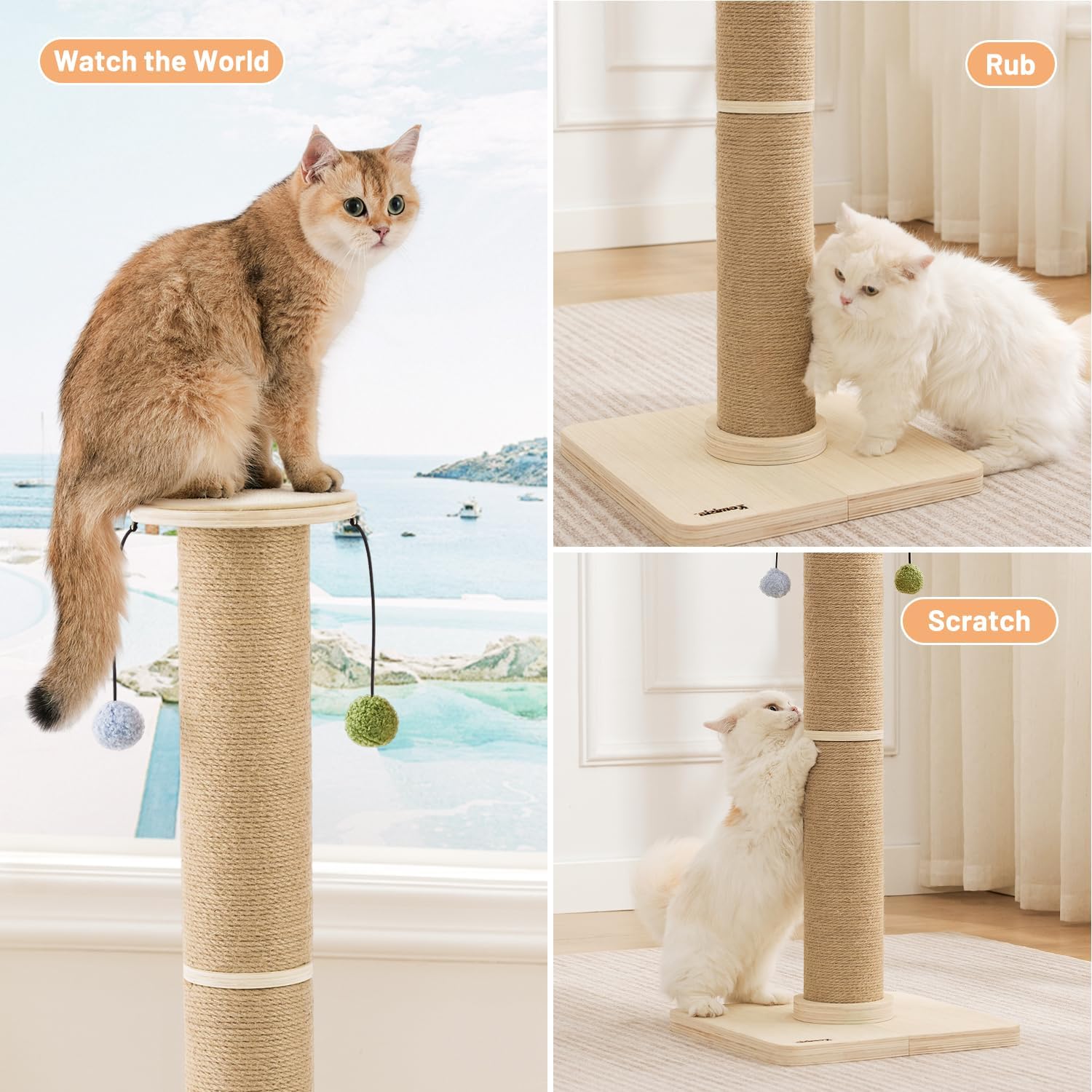ZOMISIA 35'' Tall Cat Scratching Post for Indoor Cats Adults | 4.7'' Large Scratch Post, Thicken Wooden Base, Sisal Scratcher Top & Dangling Balls, Super Sturdy - Image 7