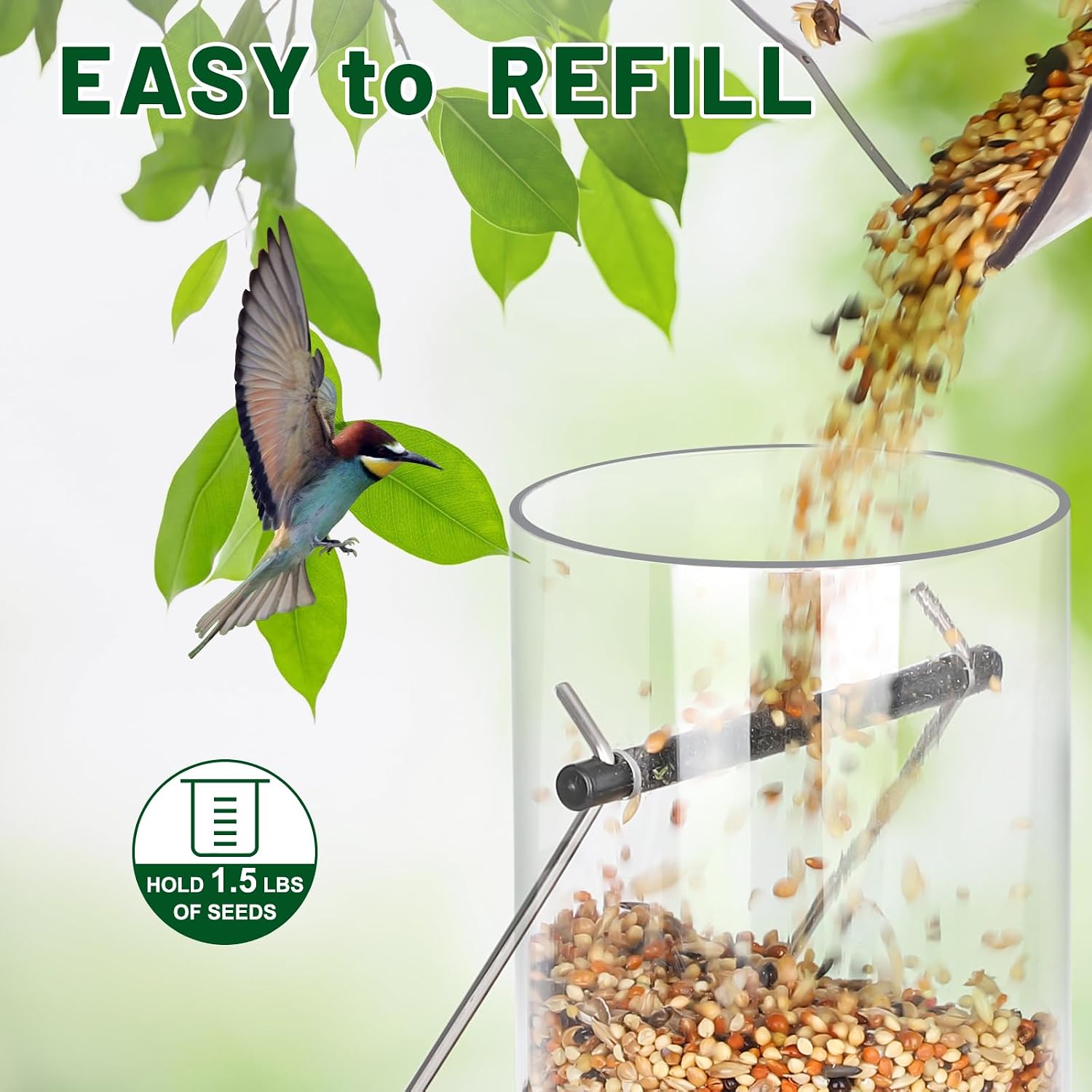 FEED GARDEN 2 Pack Tube Bird Feeders for Outdoors Hanging - Premium Hard Plastic Wild Bird Feeder with 6 Ports, Easy Refill & Clean, 15 Inch, Green - Image 3
