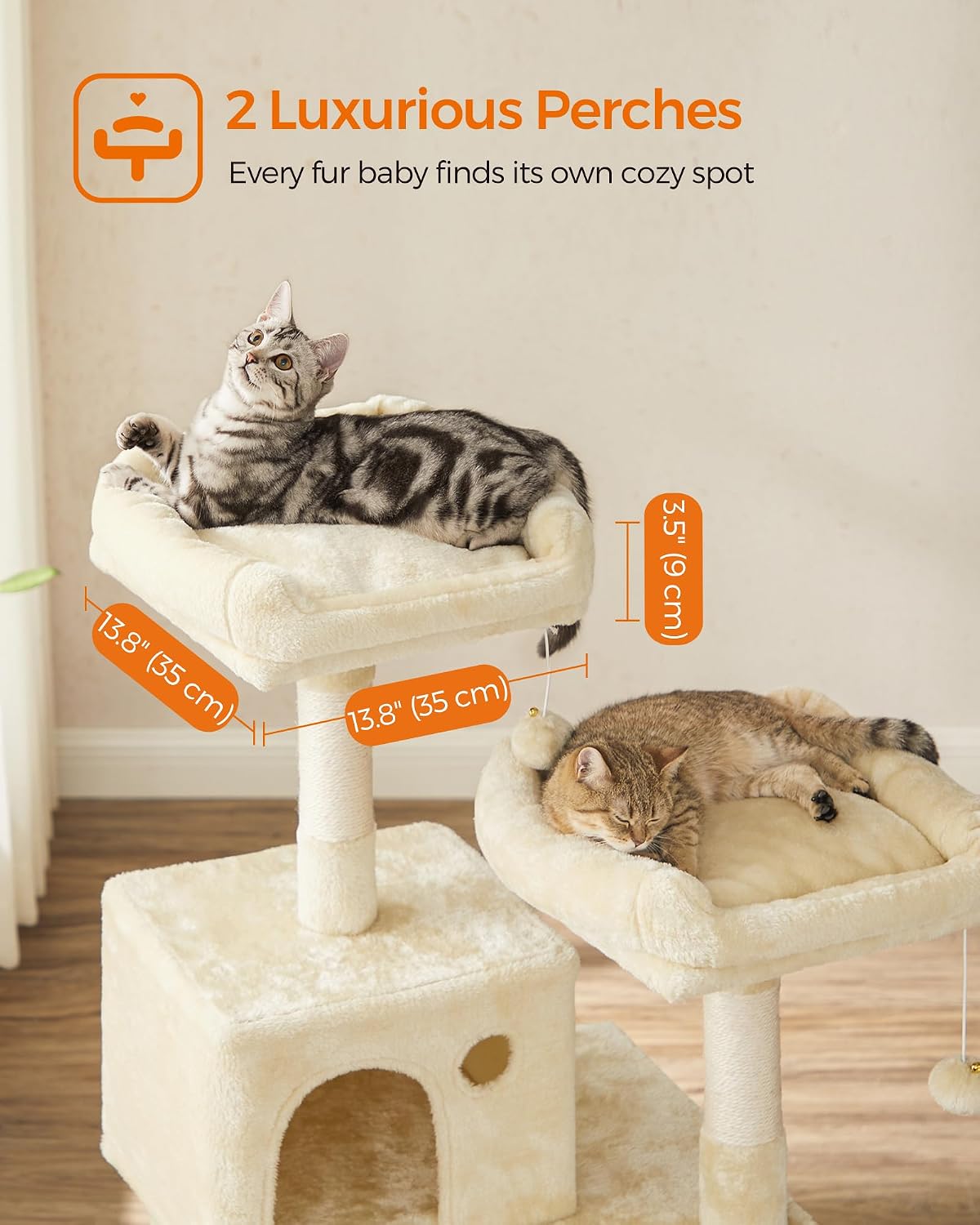 Feandrea Cat Tree, 55.8-Inch Cat Tower, Multi-Level Plush Condo with 11 Scratching Posts, 2 Perches, Hammock, Cave, Beige UPCT15BE - Image 4