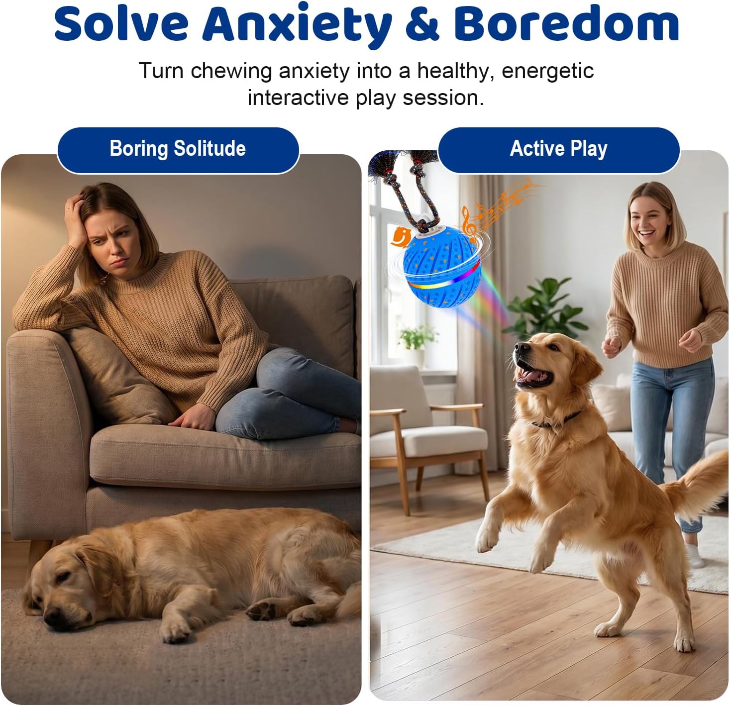 Smart Interactive Dog Toys Ball for Aggressive Chewers Medium Large,E-TPU | Auto-Moving & Bouncing Ball, 2 Modes with RGB Lights & Bird Sounds,Bite-Resistant Rope, IP54 Waterproof, Type-C Fast Charge - Image 2