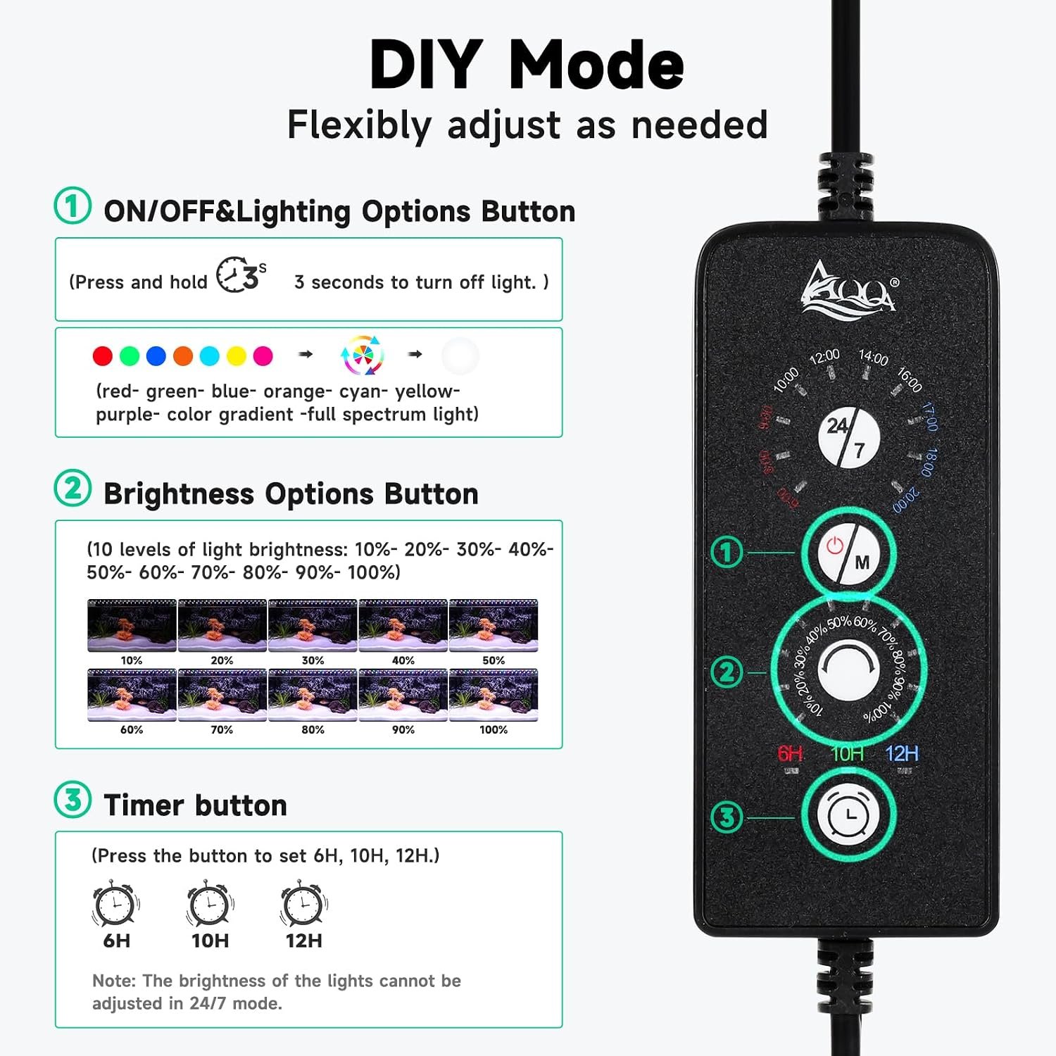 AQQA LED Aquarium Light, 24/7 & DIY Mode Full Spectrum Fish Tank Light | Adjustable Timer/Brightness, Extendable Bracket Aquarium Plant Light, Memory Function, IP68 Waterproof, for 18–24 Inch Tank - Image 2