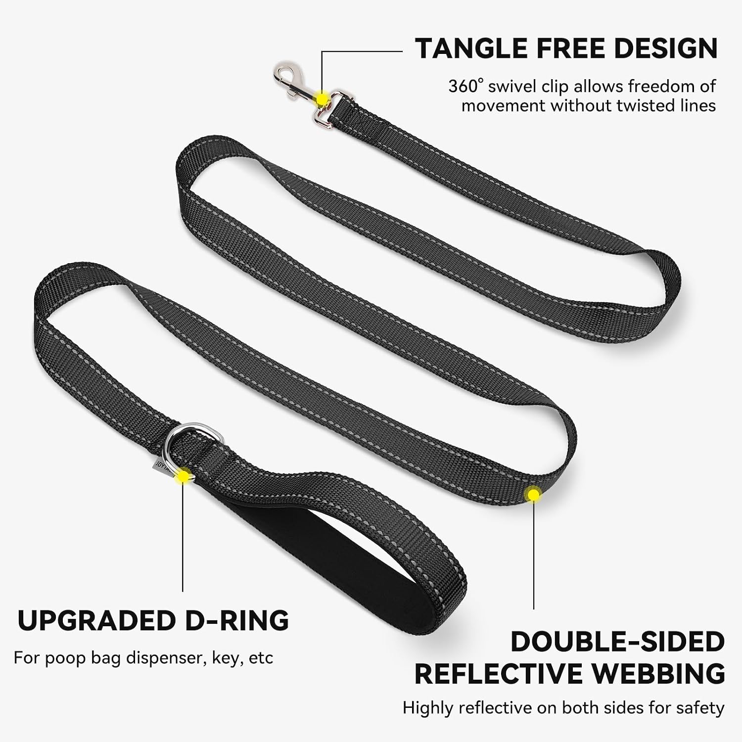 Joytale Dog Leash, 6 FT Double-Sided Reflective, Padded Handle Nylon Heavy Duty Leashes for Medium & Large Dogs Walking, Black - Image 5