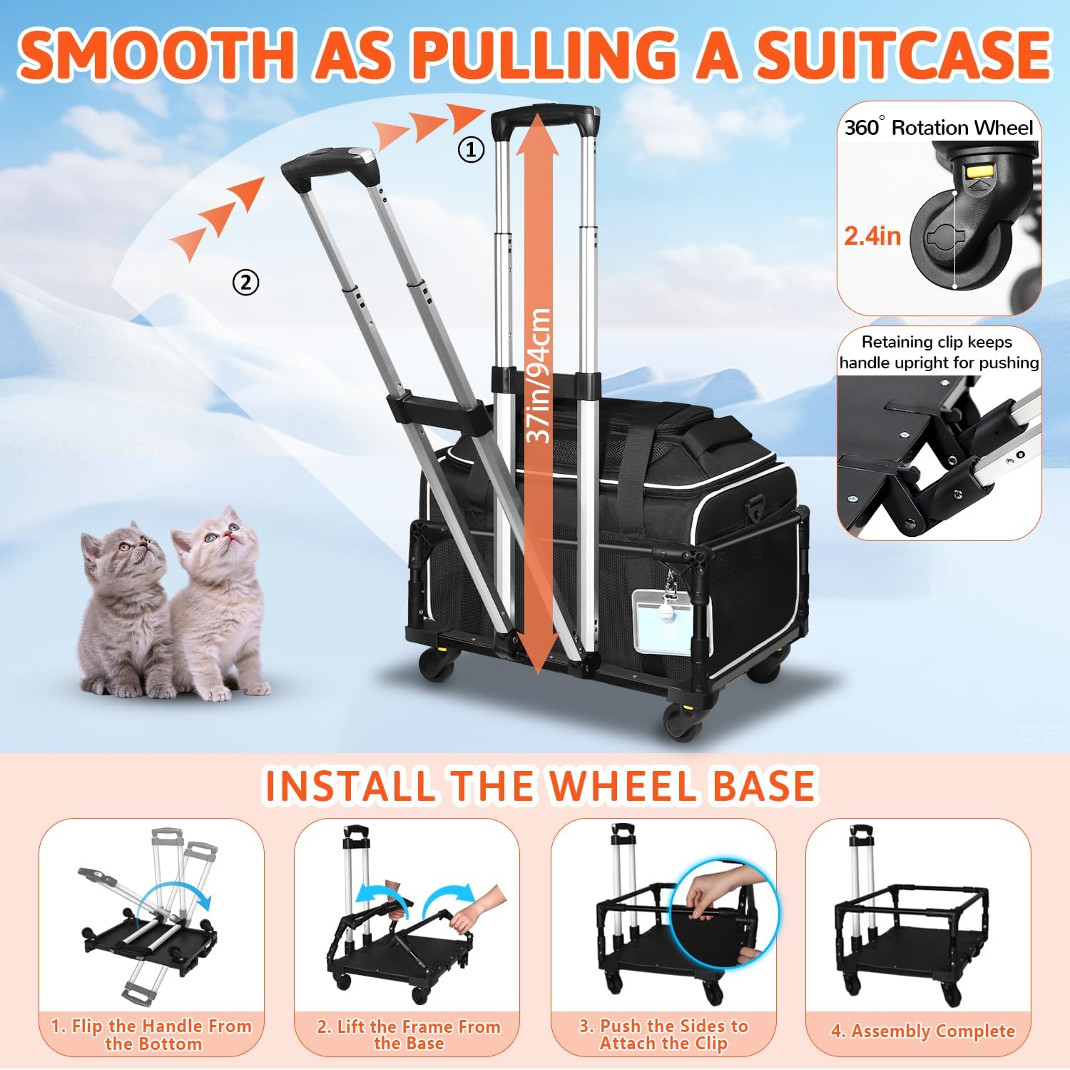 Petskd Top-Expandable Small Pet Carrier with Wheels(18" L x 11" W x 11" H), Delta/American/United Airlines Approved, Rolling Pet Carrier for Small Dogs & Cats (Black) - Image 5