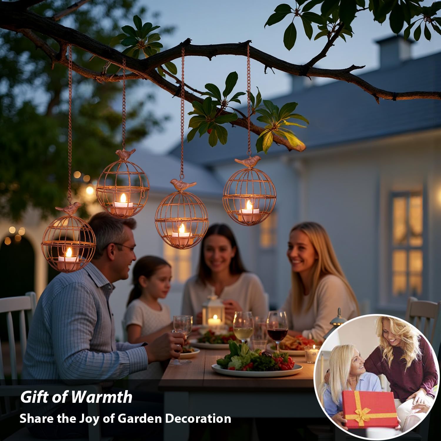 Outdoor Solar Hanging Lantern Lights, 4 Pack Rustic Ball Birdcage Hanging Candle Holder with Solar Tea Lights, Outdoor Waterproof Decorations for Patio, Backyard, Pergola, Tree Decor (Dark Orange) - Image 5