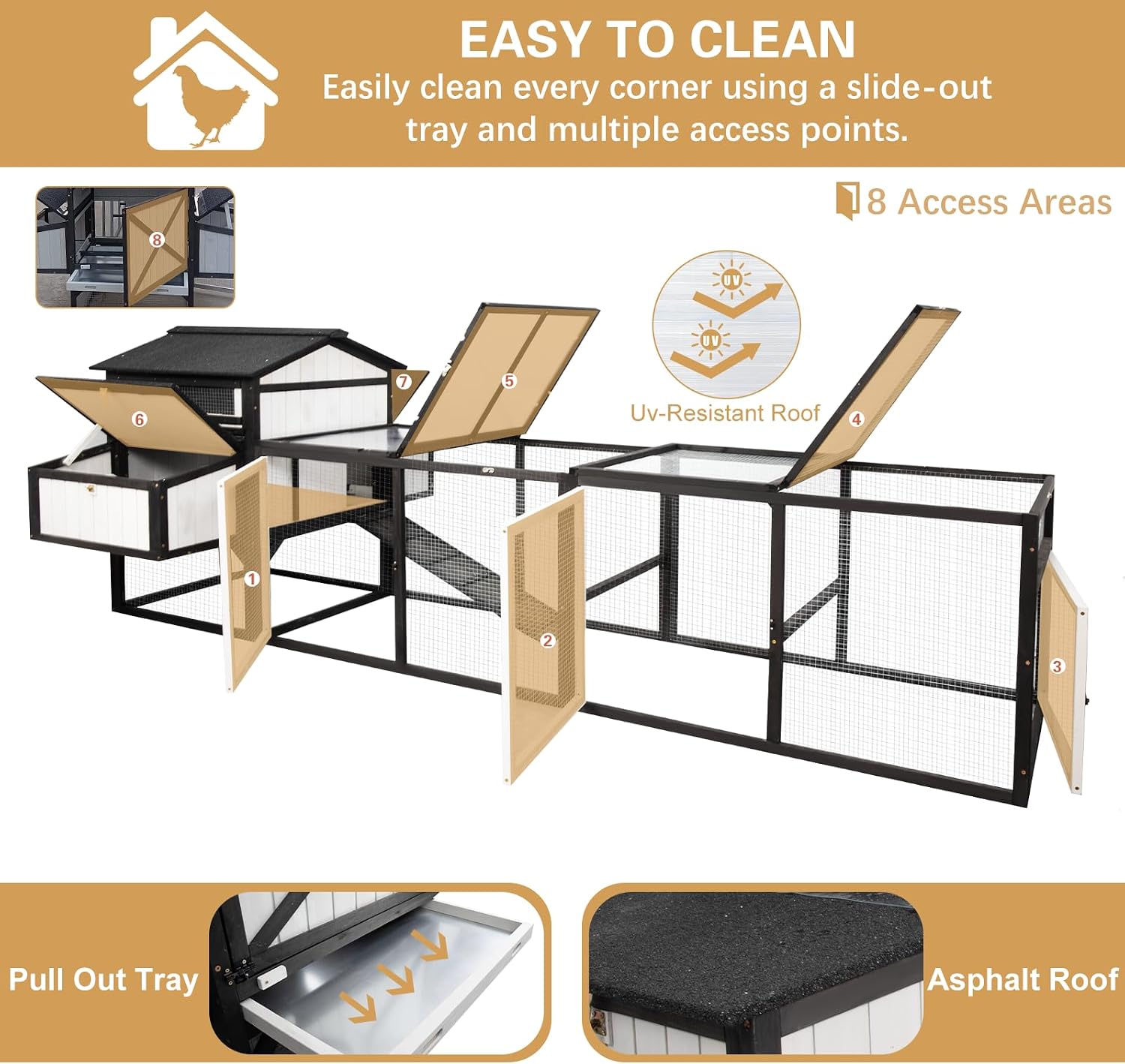 PetsCosset 116" L Large Chicken Coop and Run, Hen House with 4 Nesting Box Boxes, Rabbit Hutch Poultry Bunny Cage for 4-6 Chickens with 4 Perches, Removable Tray and Ramp and UV-Resistant Roof Panel - Image 4