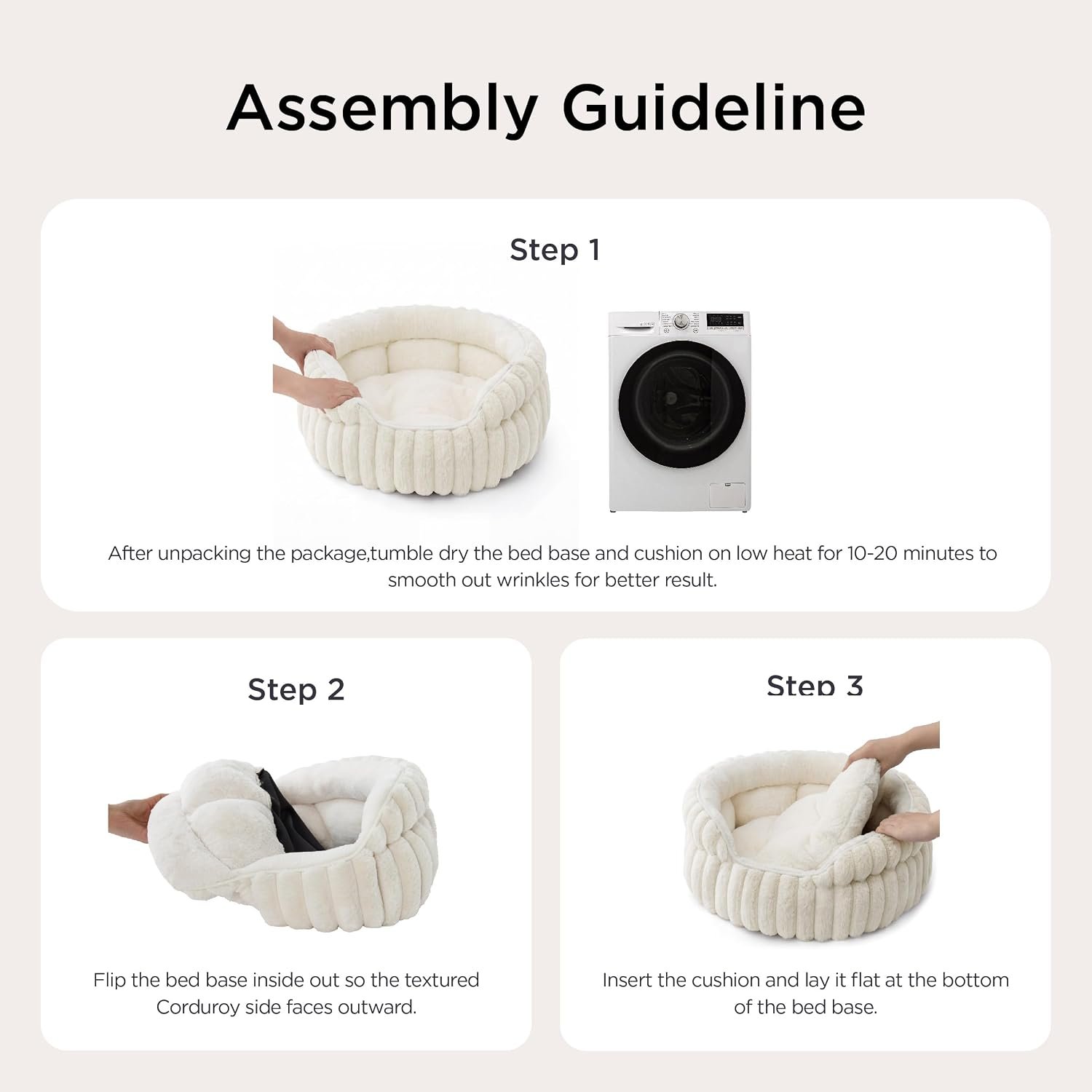 Bedsure ComfyFleece™ Washable Cute Cat Bed,Soft Round Kitten Bed,20in,Cream | Cozy Fluffy Plush Small Dog Bed,Donut Corduroy Cuddler Pet Beds for Small & Large Indoor Cats,Anti-Slip Bottom,Up to 15 Lbs - Image 6