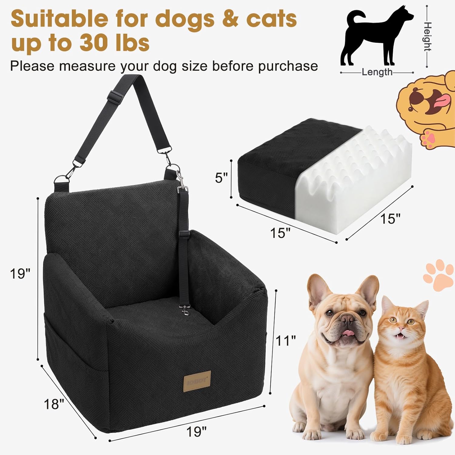 JOEJOY Dog Car Seats for Small Medium Dogs Under 35lbs, Dog Booster Seat with Detachable Washable Cover and Cushion, Memory Foam Pet Car Seat with Safety Belt and Storage Pockets (Black) - Image 5