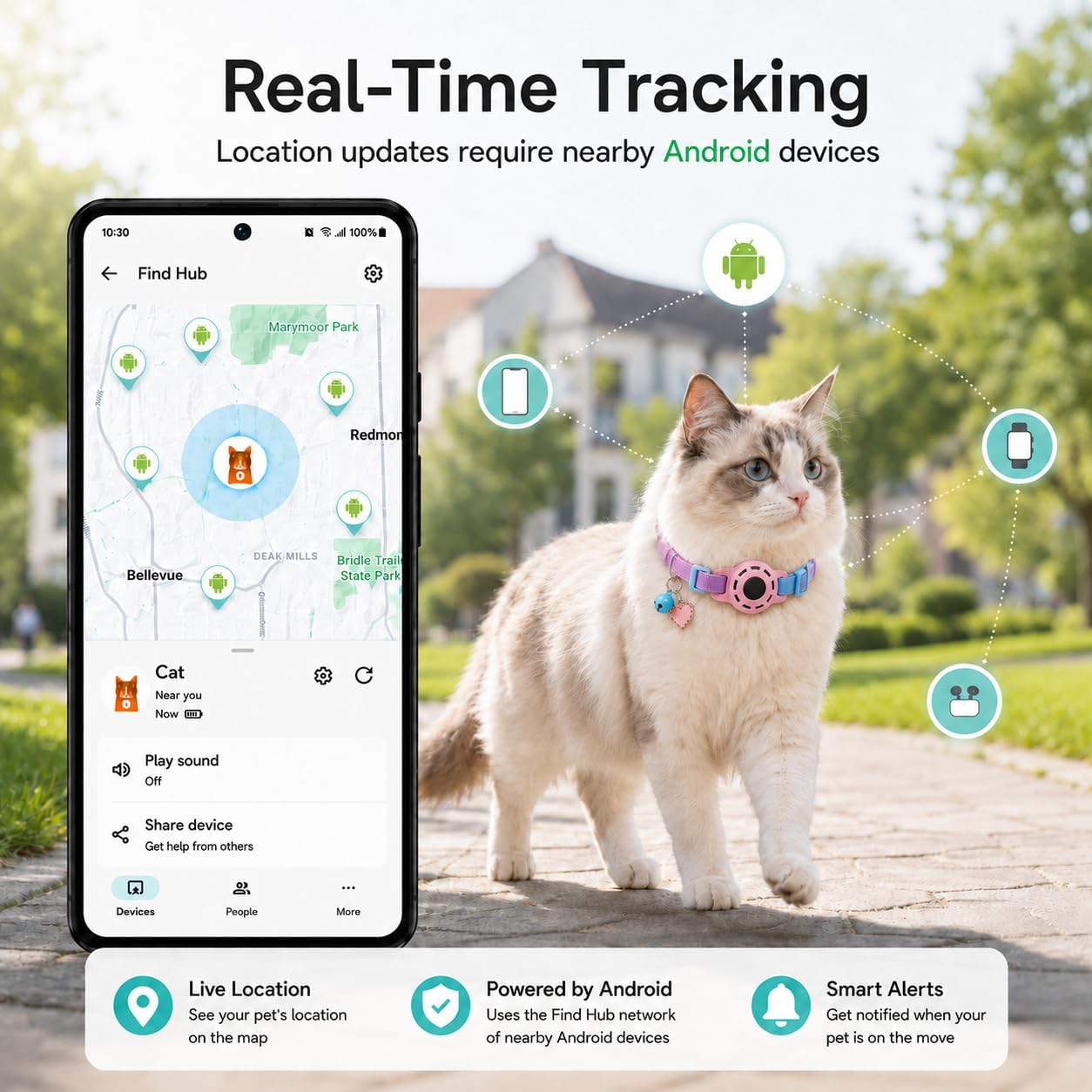 Cat Tracker GPS for Android, Pet GPS Tracker Collar for Cats No Subscription, IP67 Waterproof Cat Collar with Tracker Compatible with Google Find Hub – Replaceable 1-Year Battery, Android Only (Pink) - Image 3