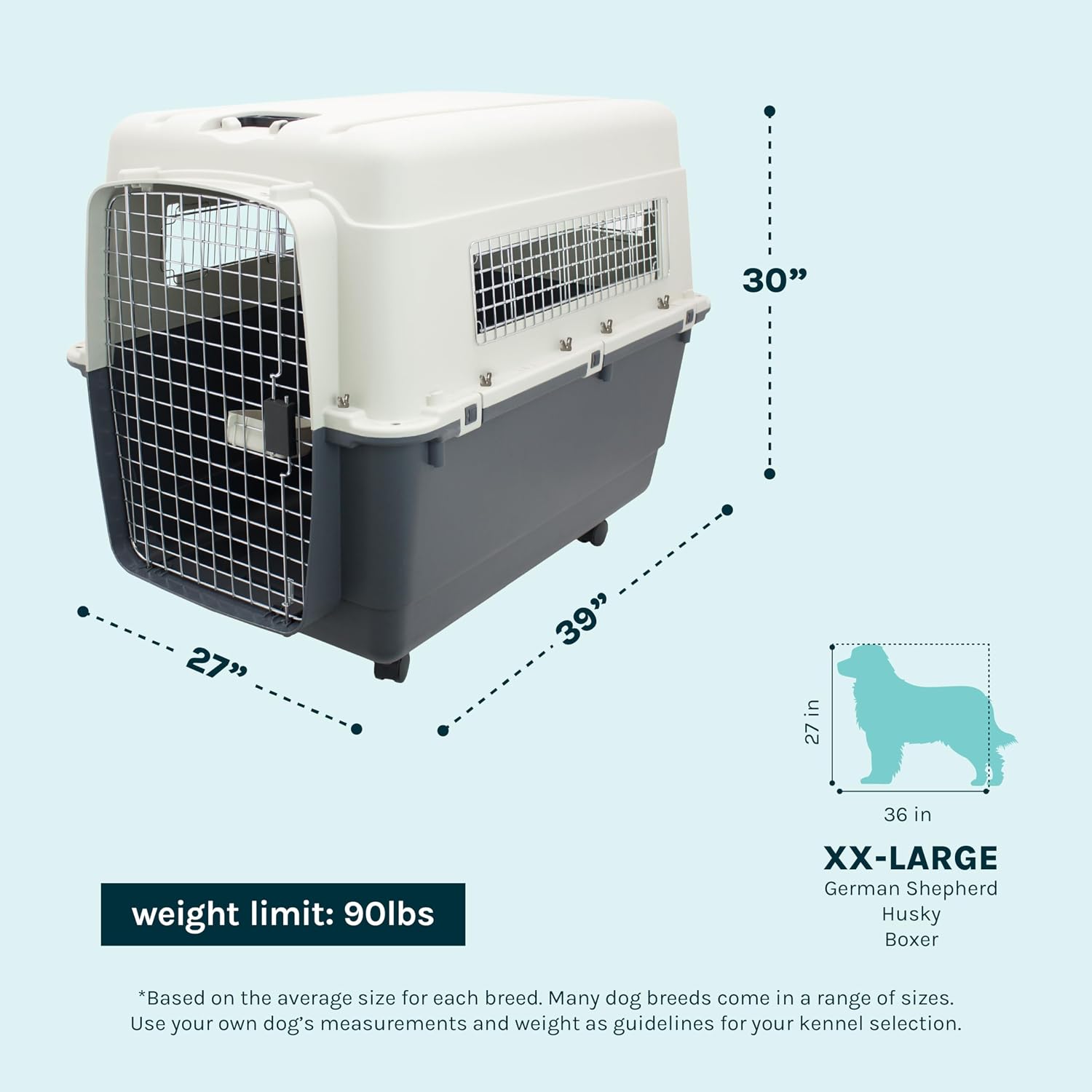 SportPet Airline Compliant XX-LARGE 39" Travel Dog Kennel-Durable Plastic Airline Pet Carrier w/ Removable Wheels & Food Bowls, Collapsible Indoor/Outdoor Dog Kennel, Dogs up to 36"L & 27"H-Cream/Gray - Image 5
