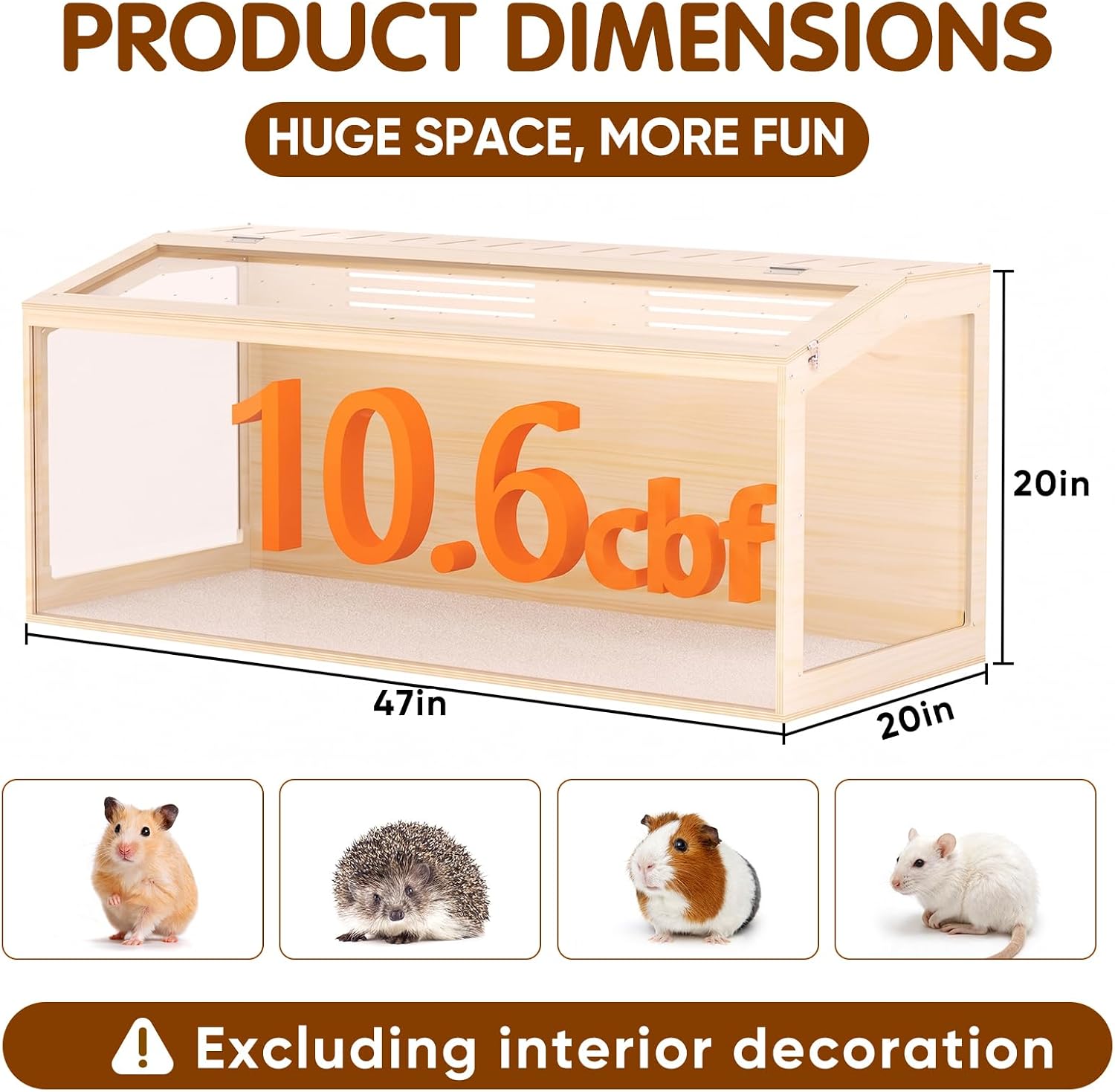 Wooden Hamster Cage, 48inch Large Hamster Enclosure with Openable Top & Stabilized Acrylic for Small Animals, Guinea Pig, Rabbit, Rat, 48" L x 20''W x 20''H Hamster Habitat with Multi-Vent - Image 2