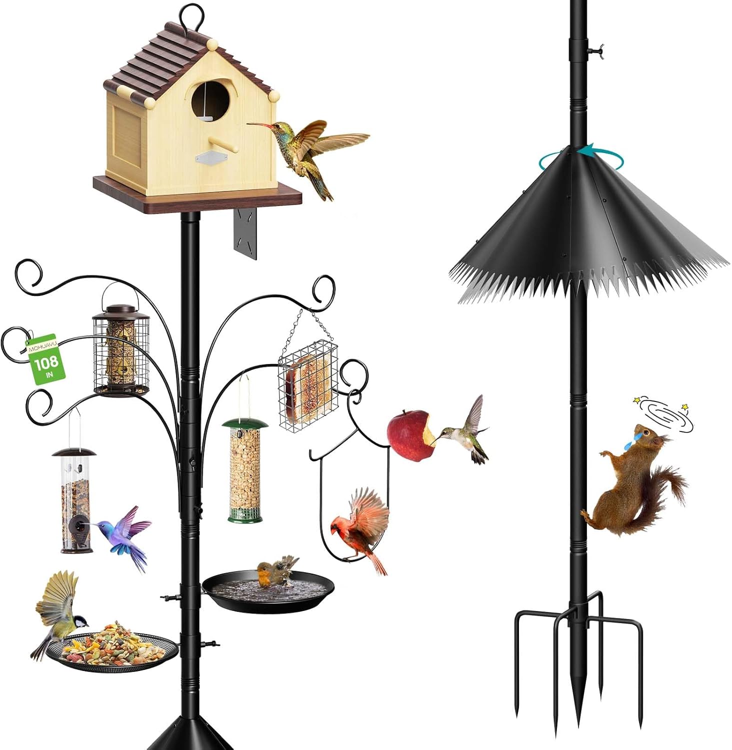 108 Inch Bird Feeder Pole Squirrel Proof, Heavy Duty Bird House Pole, Adjustable Bird Feeder Stand with 5 Shepherds Hooks, 2 Mental Trays, Hummingbird Swing