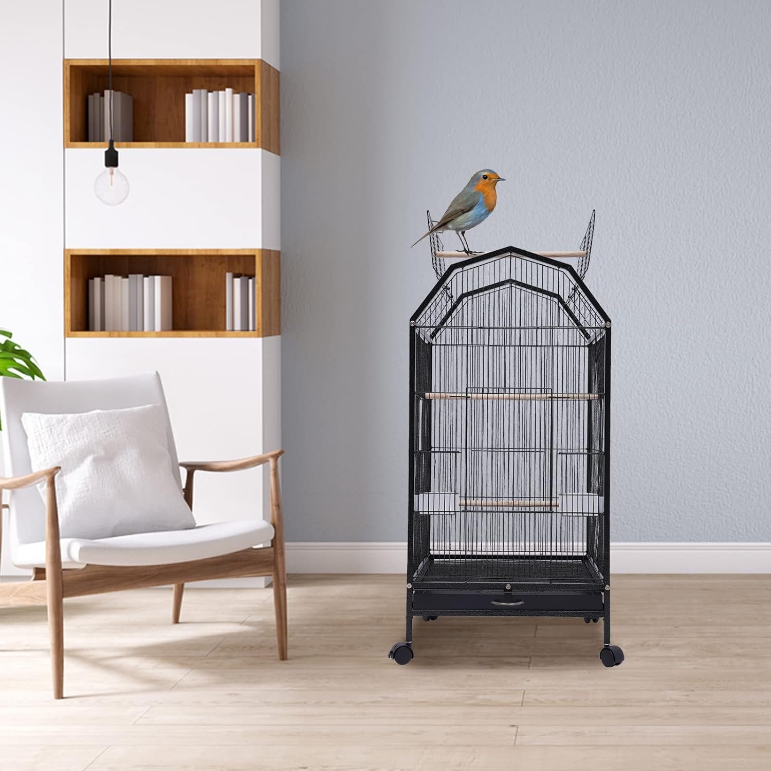 Birdcage Open Top 40 Inch Birdcages with Pull-Out Tray, Medium Small Bird Cage, Rolling Bird Cages with Wheels for Parakeets, Parrot, Cockatiel, Pigeon, Finch Cage for Birds(Black) - Image 2