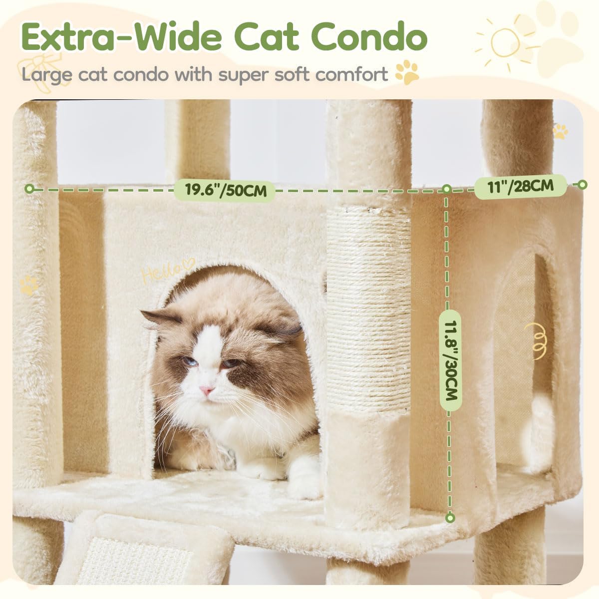 Taoqimiao 72 Inches Cat Tree for Large Cats, Multi-Level Tall Cat Tower, Widened Cat Condo with Large Scratch Board, 5 Scratching Posts, Metal Hammcock, Cozy Basket, Beige, MS045M - Image 4