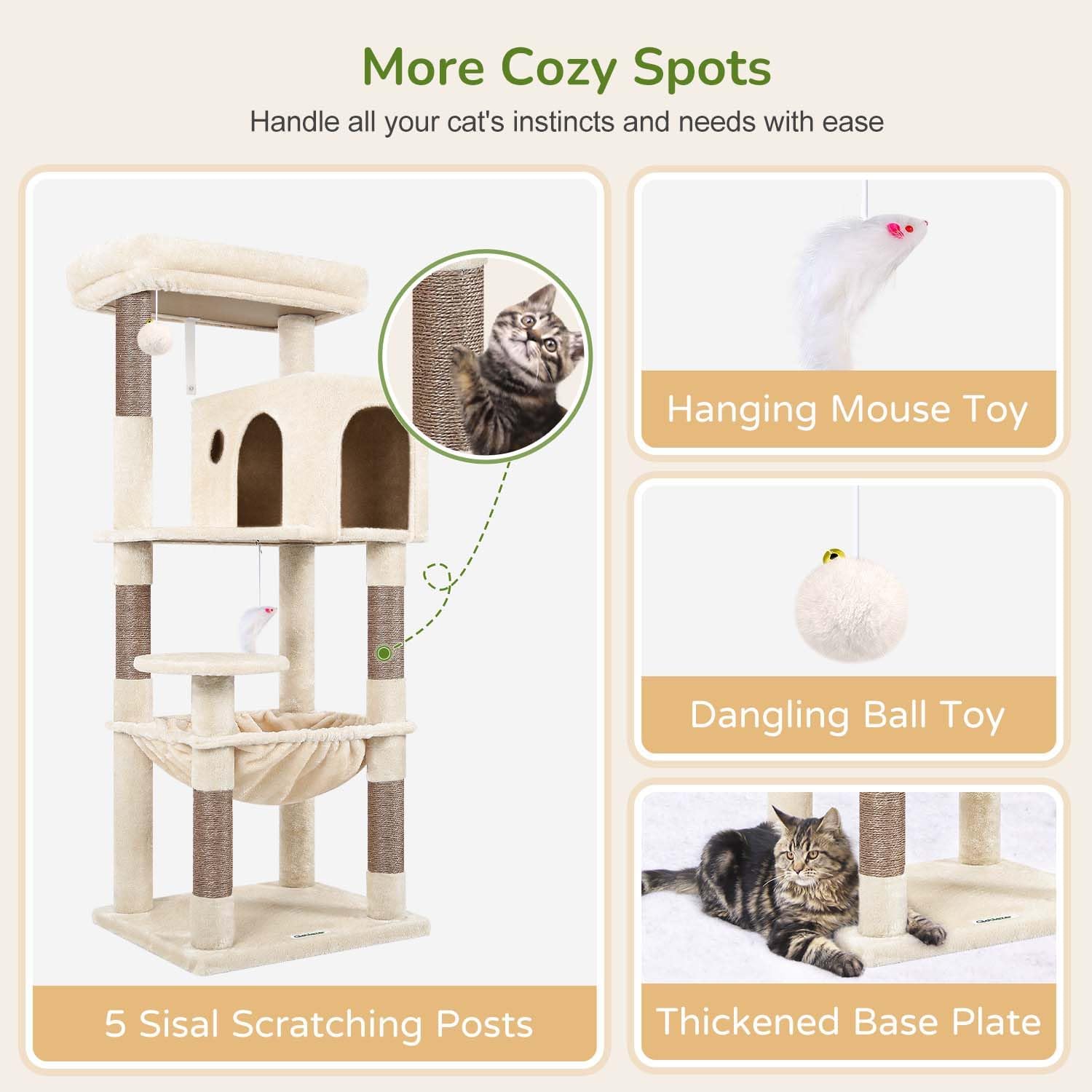 Globlazer Cat Tree Tower with Scratching Post for Indoor Cats, 53inch Tall Plush Multi-Level Cat Climbing Tower Condo House with Large Hammock, Spacious Cat Cave, Big Padded Top Perch Bed, F53, Beige - Image 5