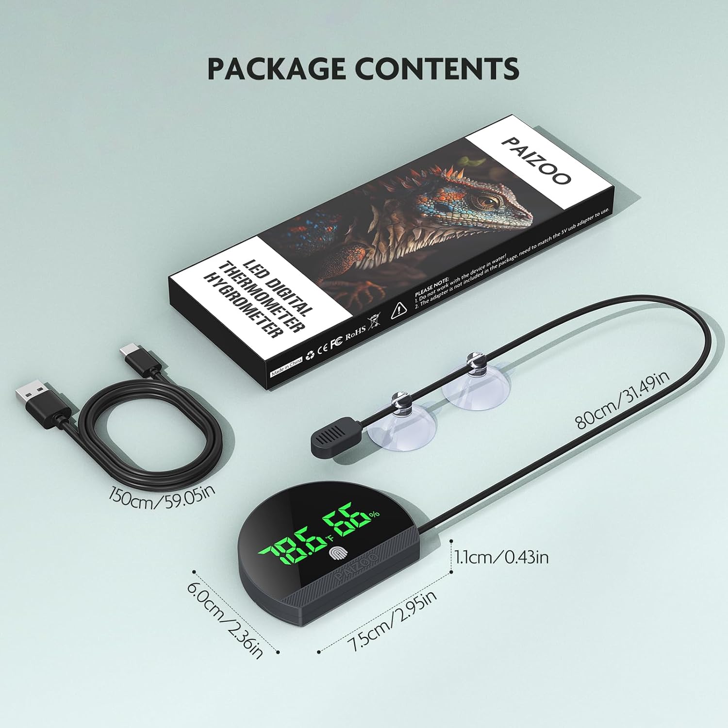PAIZOO LED Rechargeable Reptile Thermometer Hygrometer, Always-on Display | Temperature Accuracy ±0.1℉, Long Battery Life, Switch Between ℉/℃, Reptile Tank Thermometer with 59.05" Type-c Charging Cable - Image 7