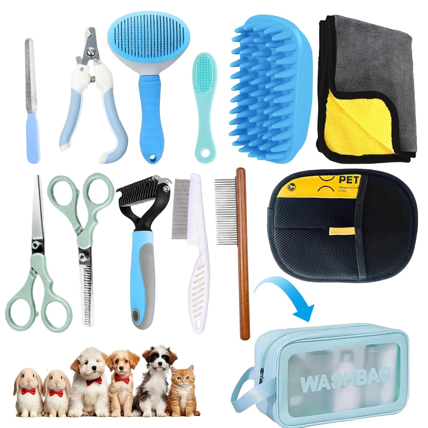 Aglads 12 in 1 Pet Grooming Kit, Dog Grooming Supplies with Self Cleaning Slicker Brush, Dematting Comb, Safety Nail Clippers, for Small Medium Large Dogs Cats Rabbits Long Short Curly Hair(12, blue)