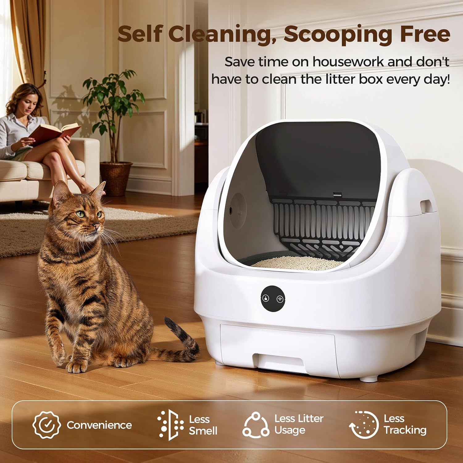 Open-Top Automatic Litter Box, Odor Control, Ready to Use, Self Cleaning Litter Box, Large Capacity with APP Control and Safety Sensor, Ellenpent, with Trash Bags/Waterproof Mat/Litter Mat - Image 2