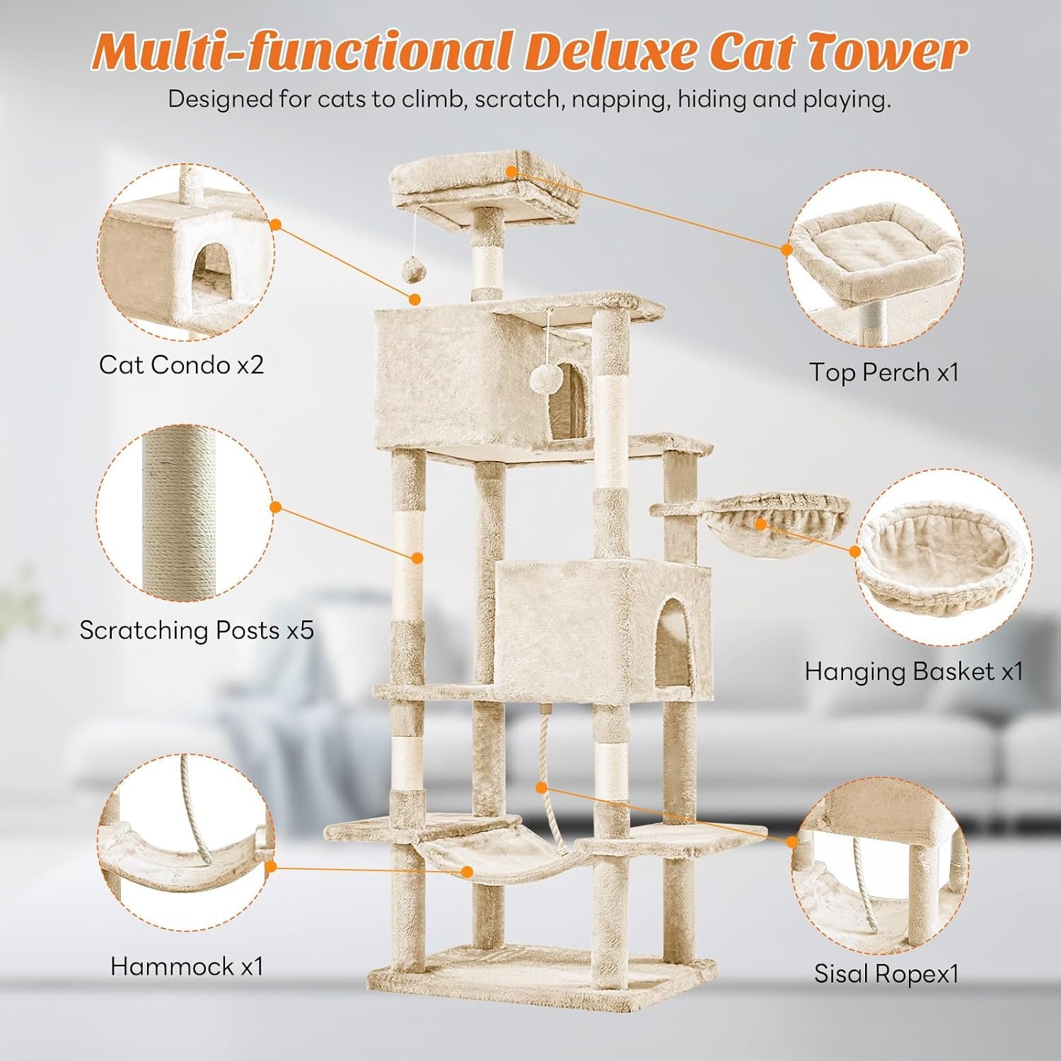 DUMOS Large 66 Inch Cat Tree Tower with Scratching Posts, Indoor Use | Tall Multi Level Cat Climbing Tower with Hammock, Pet Condo for Cats and Kittens Play, Beige - Image 4