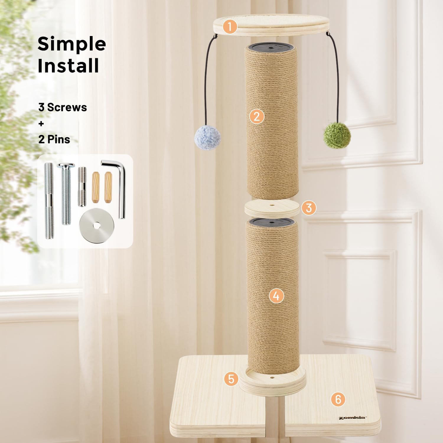 ZOMISIA 35'' Tall Cat Scratching Post for Indoor Cats Adults | 4.7'' Large Scratch Post, Thicken Wooden Base, Sisal Scratcher Top & Dangling Balls, Super Sturdy - Image 5