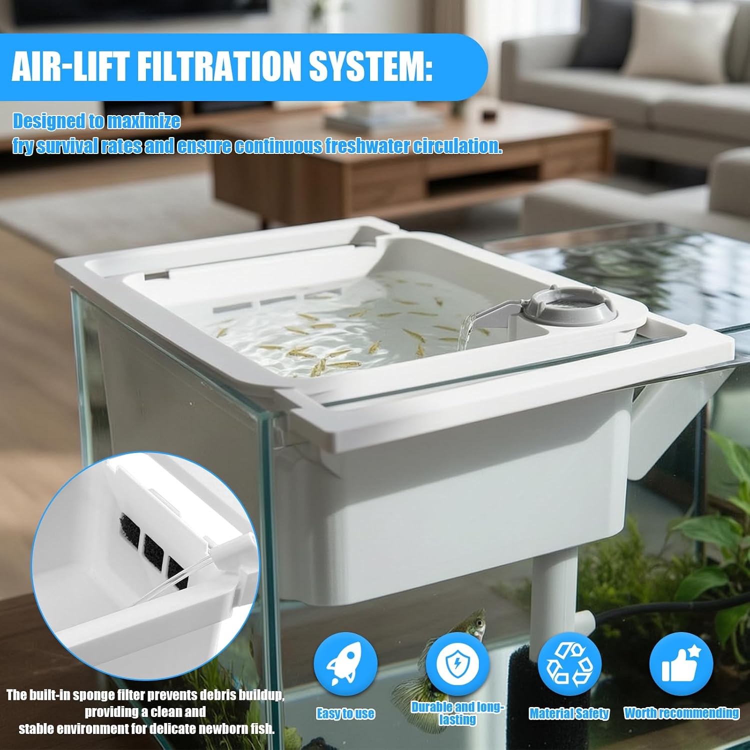 Aquarium Fry Tray & Breeding Box Kit, Adjustable 3D-Printed Breeding Tray (9"-13.5") with Foam Filtration, Safe Enclosure for Newborn Fish Fry, Fits 10-20 Gallon Fish Tanks - Image 2