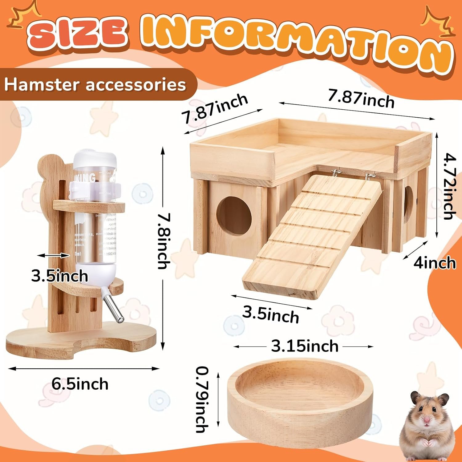 Hamster Cage Accessories, 4 Pcs Wooden Dwarf Hamster Hideout House with Ladder Platform, Feeding Bowl, Water Bottle with Holder Stand for Gerbil Rat Mice Small Animal Habitat Decor - Image 3