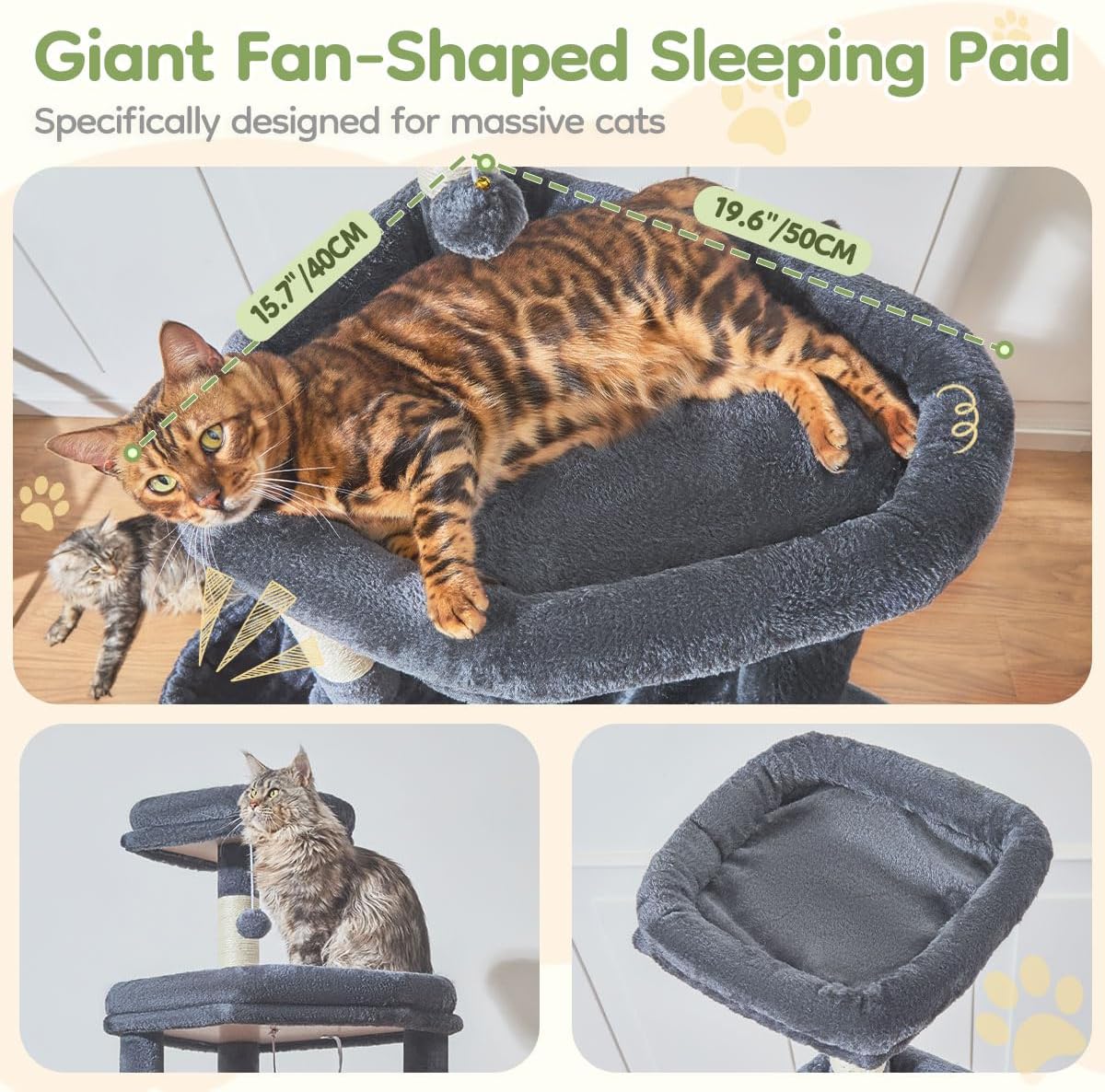 Taoqimiao 72 Inches Cat Tree for Large Cats, Multi-Level Tall Cat Tower, Widened Cat Condo with Large Scratch Board, 5 Scratching Posts, Metal Hammcock, Cozy Basket, Smoky Gray, MS045G - Image 3