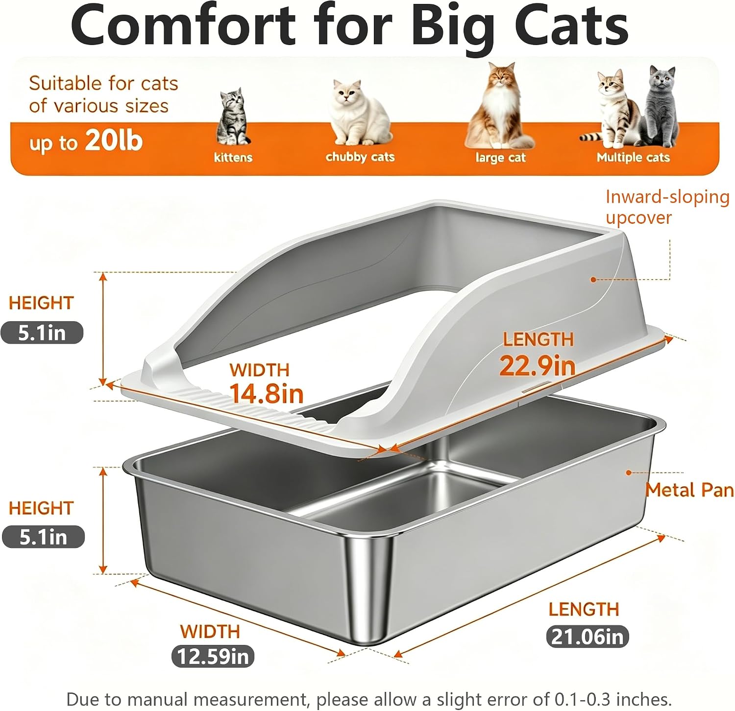 Stainless Steel Cat Litter Box, Extra Large XL Odor Free Metal Litter Box with High Sides Lid, Open Top Litter Pan Include Scoop Easy Cleaning Kitty Cat Box Anti-Urine Leakage, Non-Sticky - Image 2
