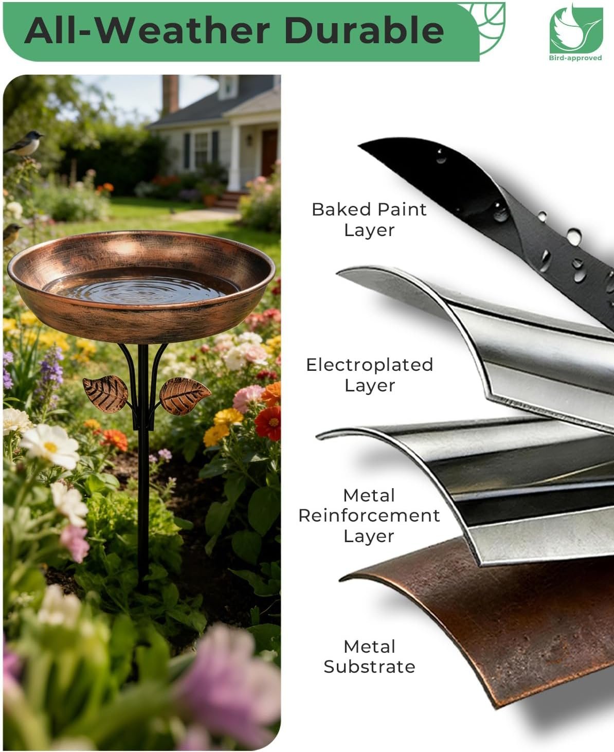 Metal Bird Bath for Outdoors, 12" Dia Bowl with Stable Upgrades Stake Birdbaths Garden Yard Lawn Decor 0.7 Gallon - Image 5