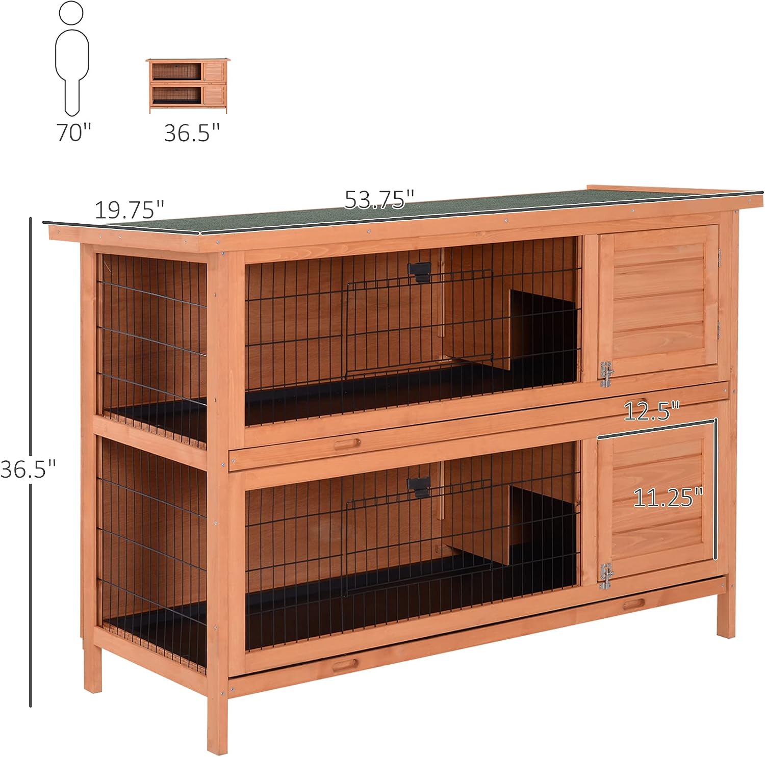 PawHut 54" 2-Story Large Rabbit Hutch Bunny Cage Wooden Pet House Small Animal Habitat with Lockable Doors, No Leak Tray and waterproof Roof for Outdoor/Indoor Orange - Image 7