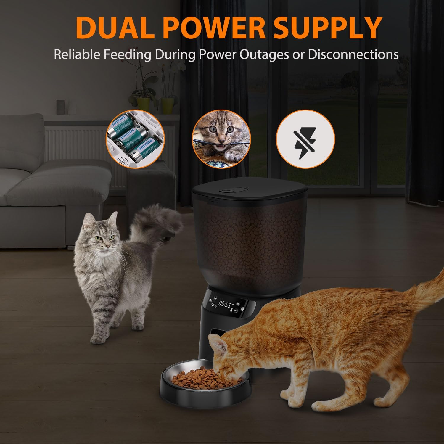Automatic Cat Feeder, Cat Food Dispenser with Stainless Steel Bowl, Timed Portion Control 20 Portions 6 Meals Per Day, Voice Recorder, Dual Power Supply for Small Dogs - Image 5