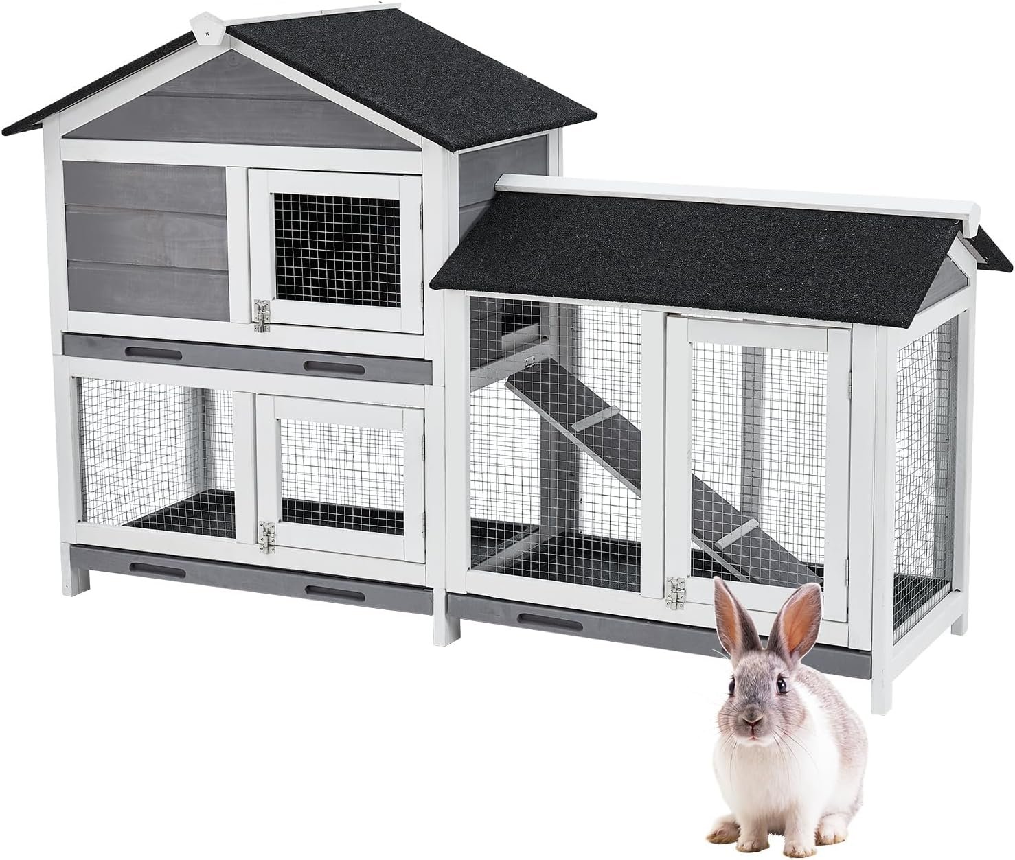 Garvee 58'' Bunny Hutch Indoor Bunny Cage, with 3 Removable Trays | Wooden Waterproof Roof Rabbit Hutch Indoor/Outdoor, 2-Tier Bunny House/Chicken Coop, Gray and Black - Image 2