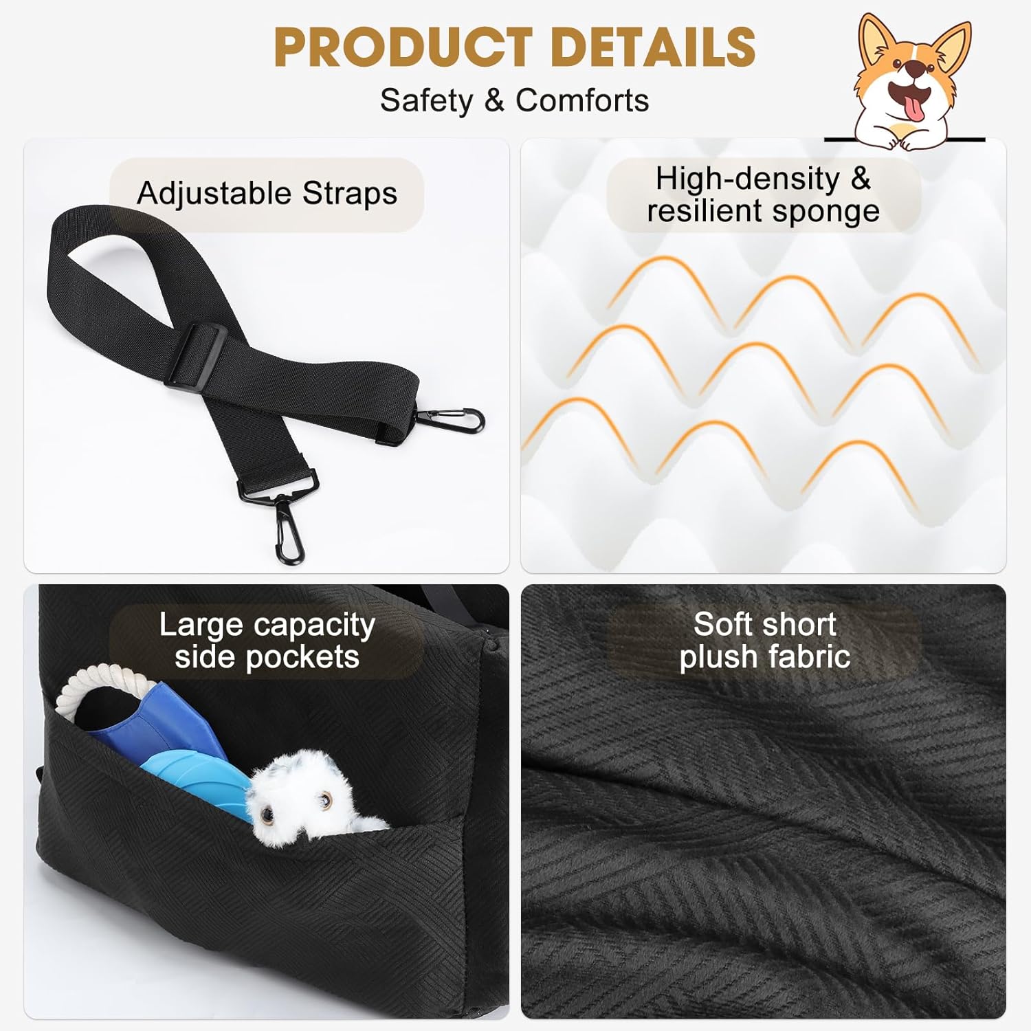 JOEJOY Dog Car Seats for Small Medium Dogs Under 35lbs, Dog Booster Seat with Detachable Washable Cover and Cushion, Memory Foam Pet Car Seat with Safety Belt and Storage Pockets (Black) - Image 8