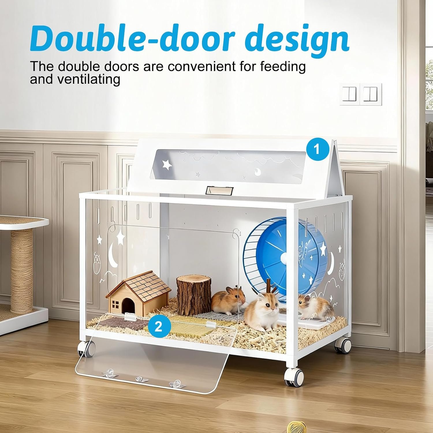 Large Hamster Cage, Hamster Habitat 360° Viewing Guinea Pig Cages Hamster Tank with 2 Door and Wheels Small Animal Habitat for Syrian Dwarf Gerbils Rats Guinea Pigs - Image 6
