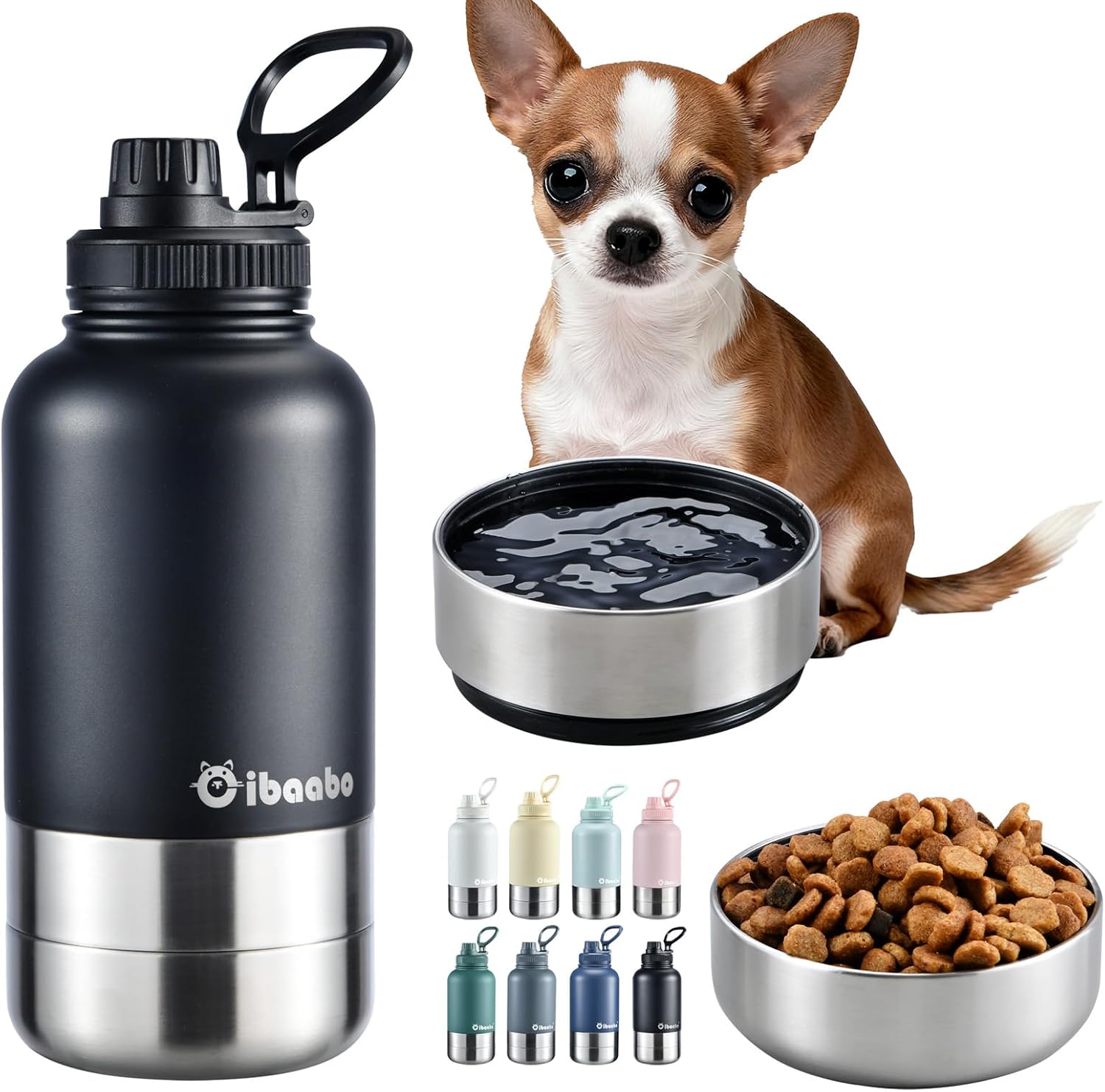 Cibaabo Insulated Dog Water Bottle 32oz Keep Water Cool with 2 Bowls | Travel Feeding & Hydration | Stainless Steel Double Wall Thermos | Portable Pet Dispenser | for Dog & Owner | Hiking Beach