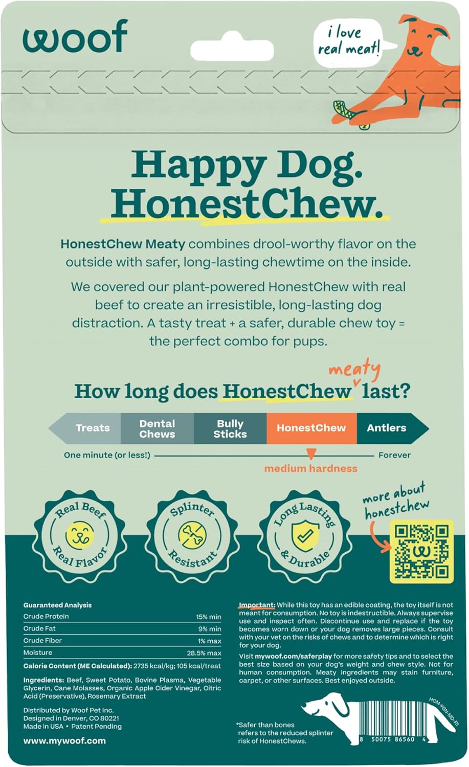 WOOF HonestChew Meaty Y-Gnawt Dog Chew Toy for Dogs 25-60 lbs | For small dogs, plant-based materials, splinter-resistant, beef covering, durable chew, supports dental care - Image 3