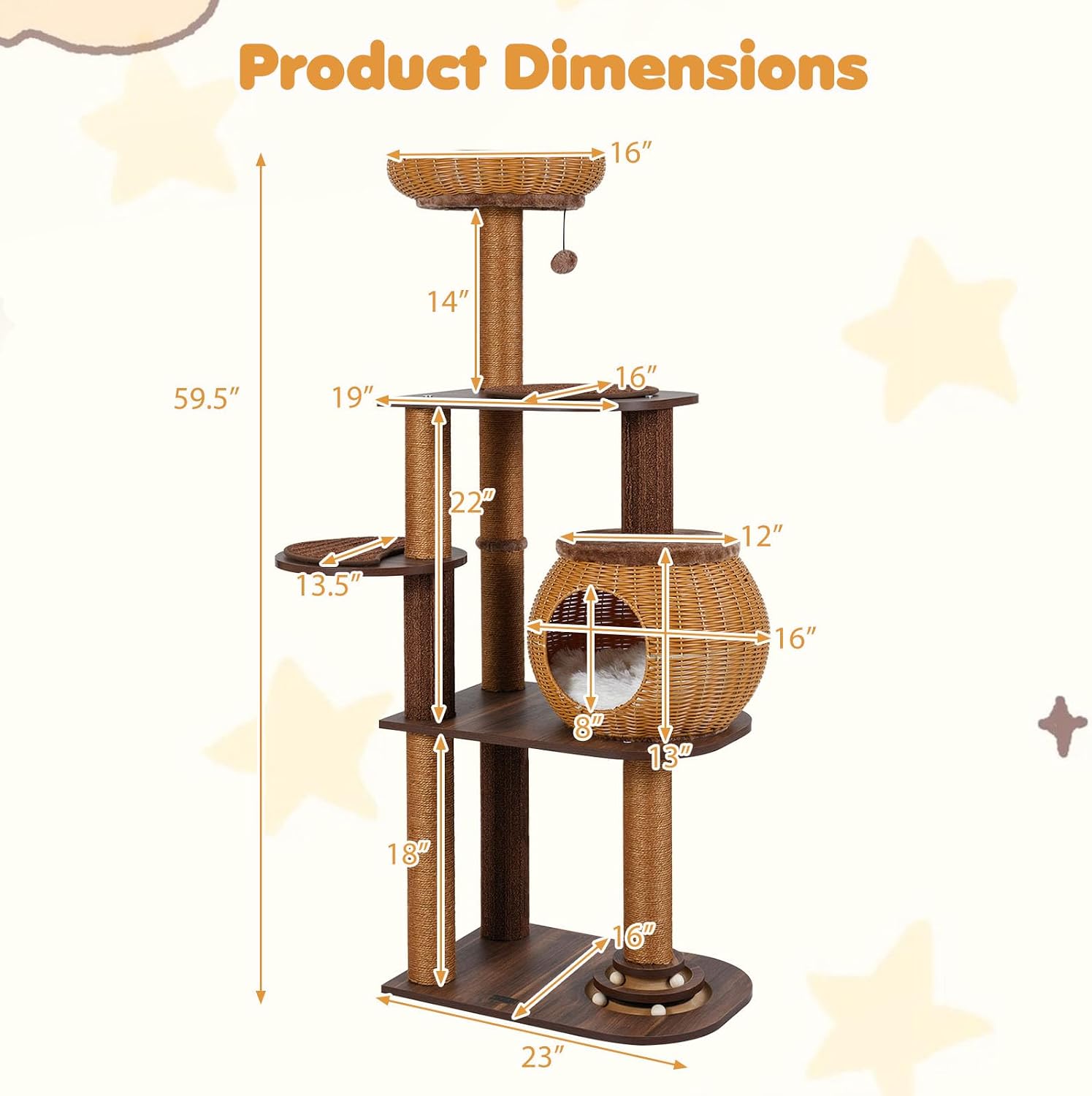 PETSITE 59.5-inch Tall PE Rattan Cat Tree, Multi-Level Modern Wooden Cat Tower with Sisal Scratching Posts, Ball Track Toy, Comfy Condo with Removable Soft Pads, and Hanging Ball, Ideal for Indoor Cat - Image 3