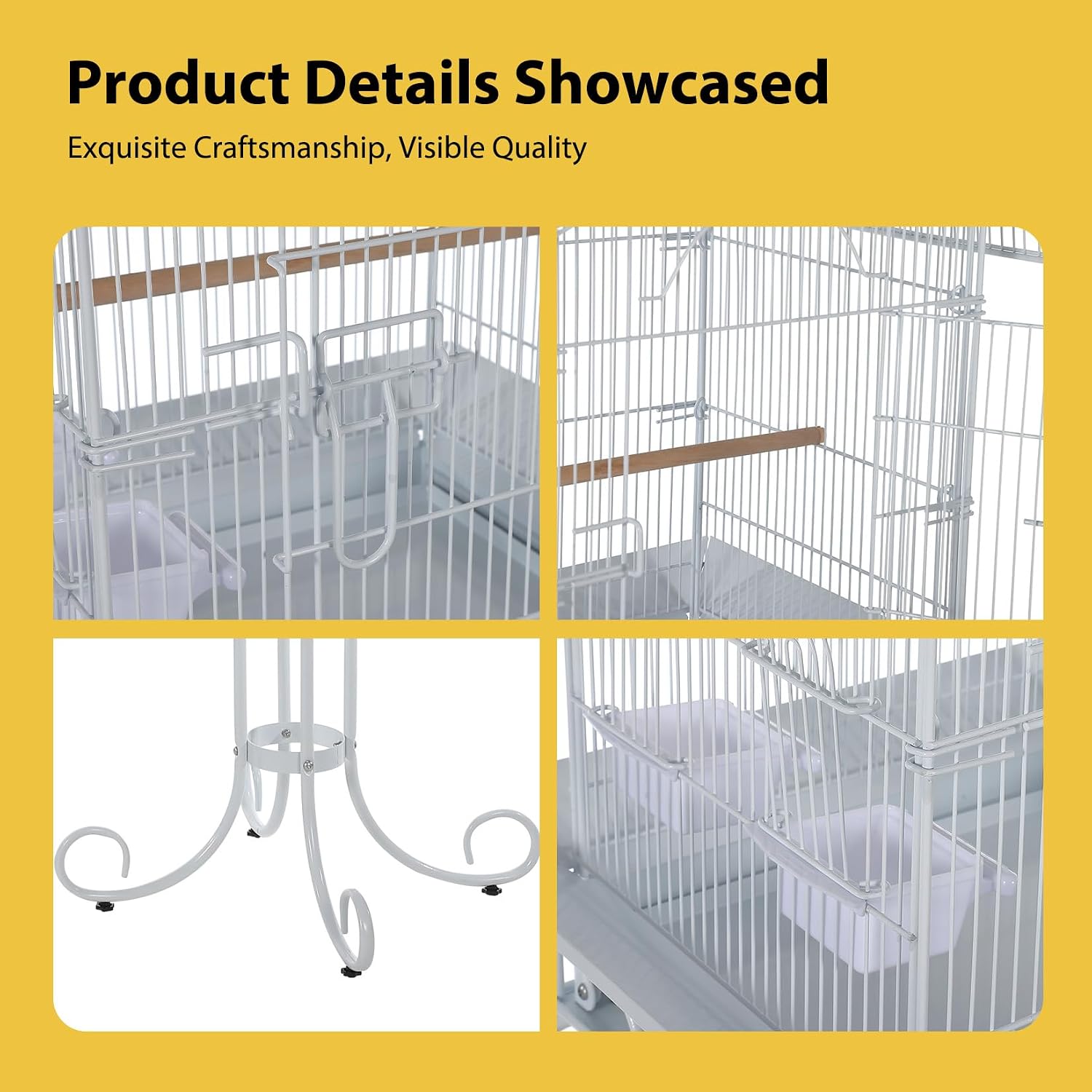Decorative Metal Bird Cage with Stand, 57” Tall Spacious Aviary for Parrots, Canaries, Budgies, Removable Tray, 4 Bowls & Perches, Split Design with Portable Handle Keywords: - Image 7