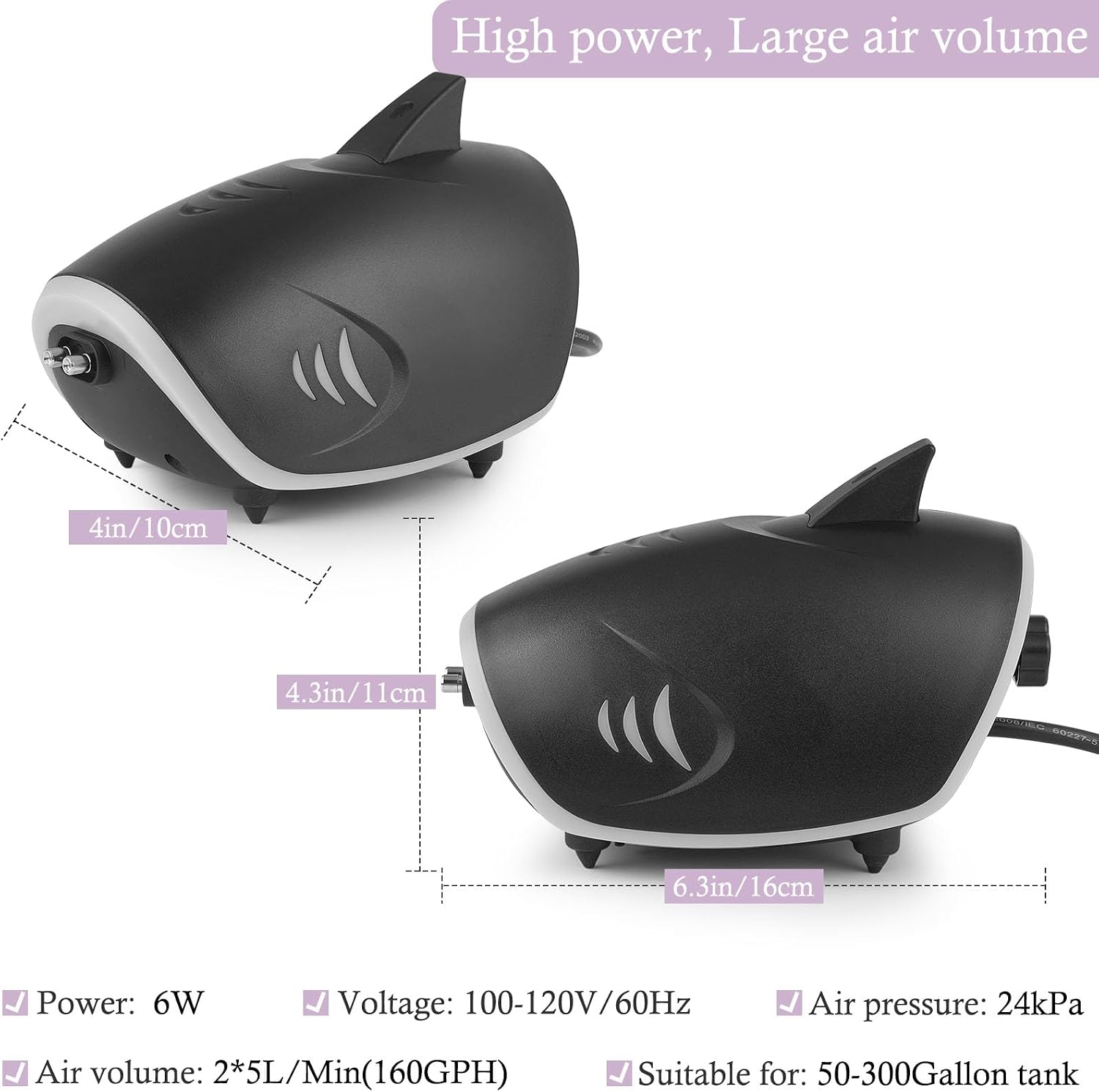 HITOP 6W Silent Aquarium Air Pump - 160GPH Large Air Volume Fish Aerator, Adjustable Oxygen Pump for Fish Tank up to 300 Gallon - Image 2